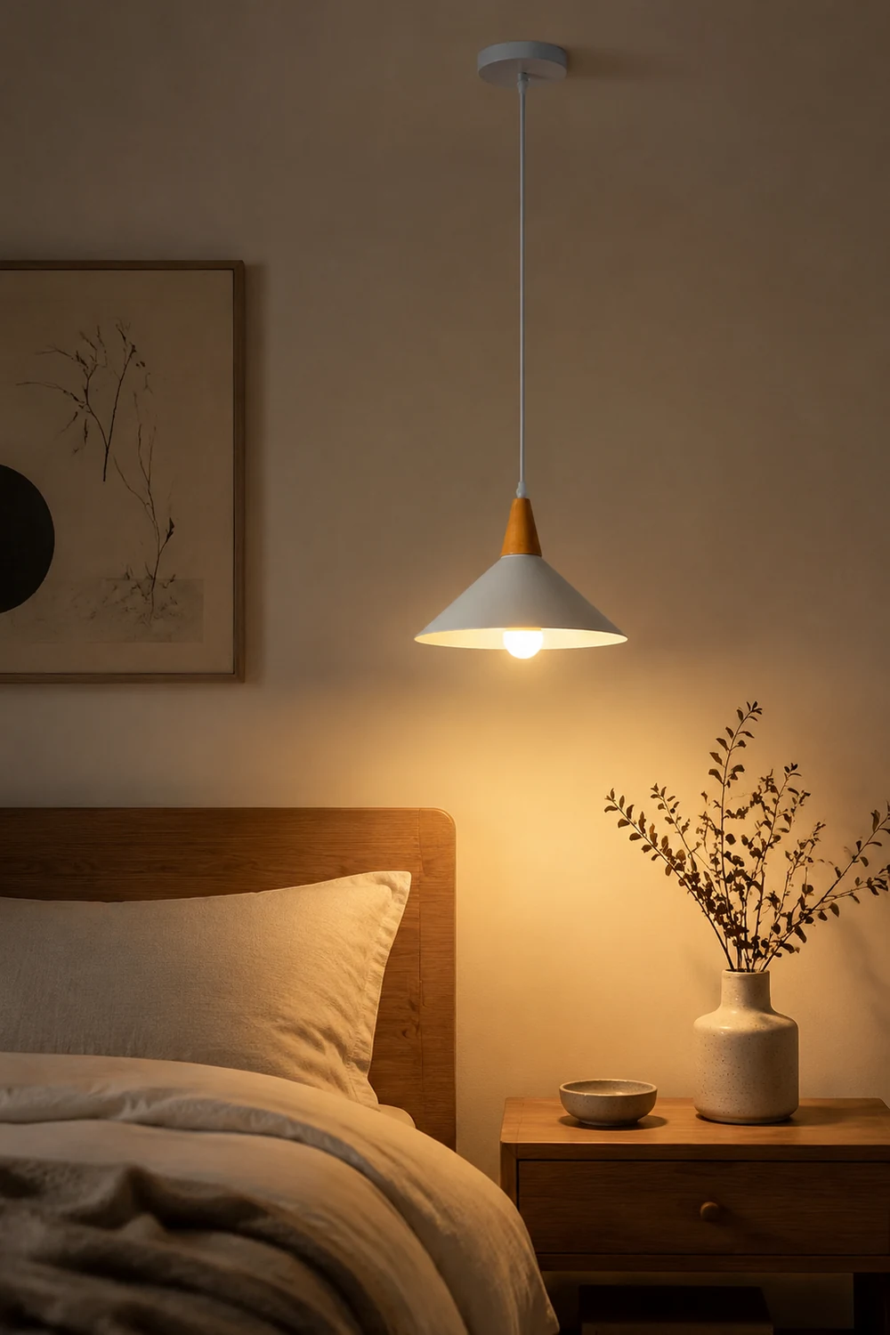Morandi Minimalist Cap-shaped Metal Pendant Light, Natural Wood - Lumpaz