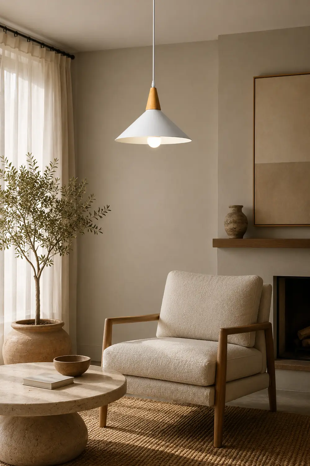 Morandi Minimalist Cap-shaped Metal Pendant Light, Natural Wood - Lumpaz