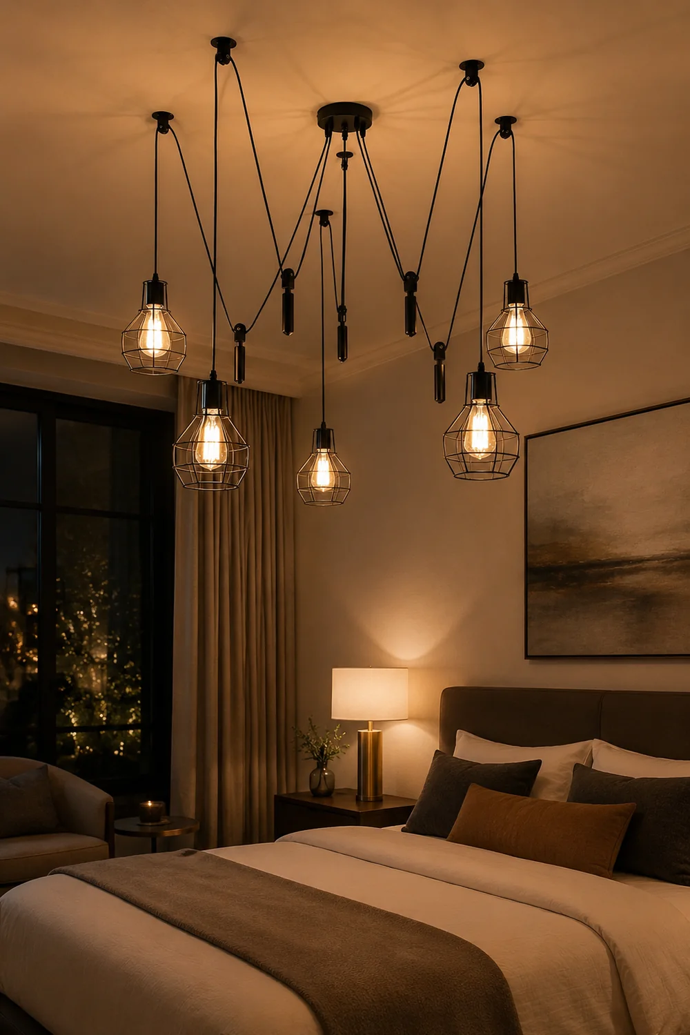 Alessio Industrial Caged Metal Pendant Light, 5/8 Heads, Black - Lumpaz
