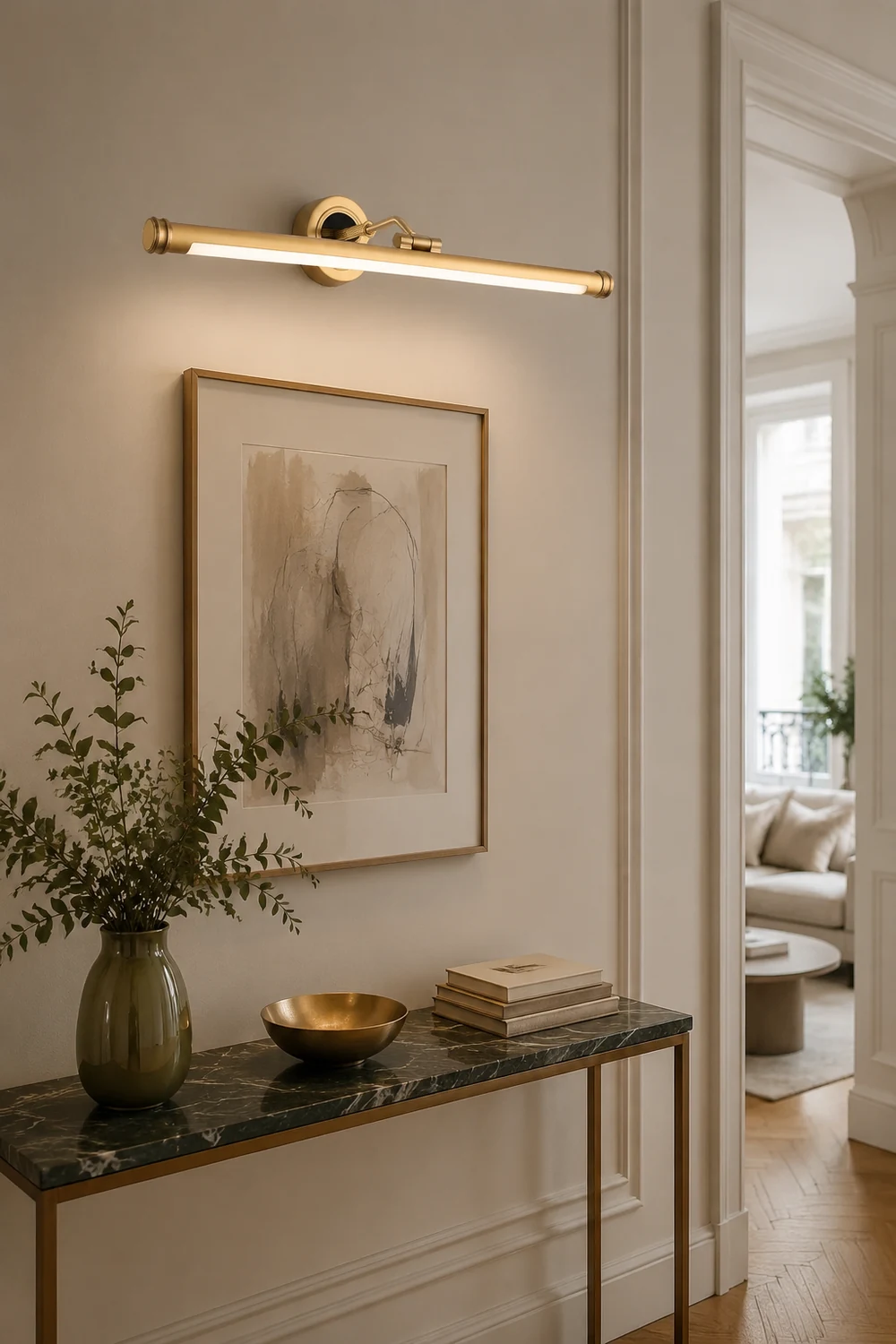 Leigh Vintage Linear Metal/Acrylic Wall Lamp, Brass, Bathroom - Lumpaz
