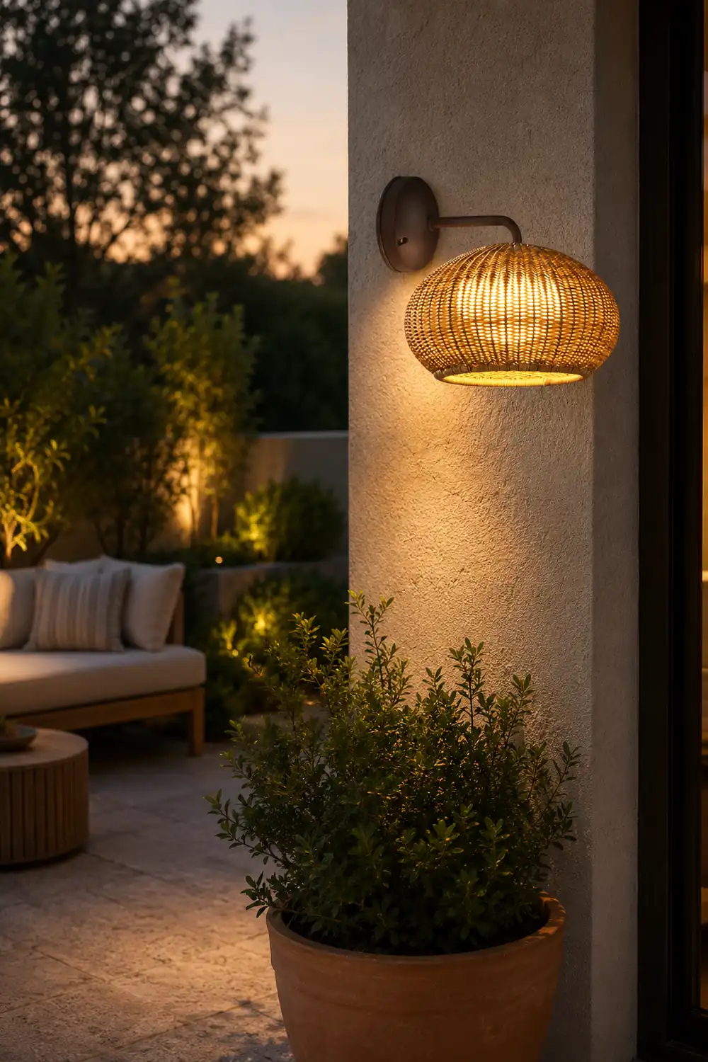Ritta Farmhouse Metal/Rattan Outdoor Wall Lamp, Log Color - Lumpaz
