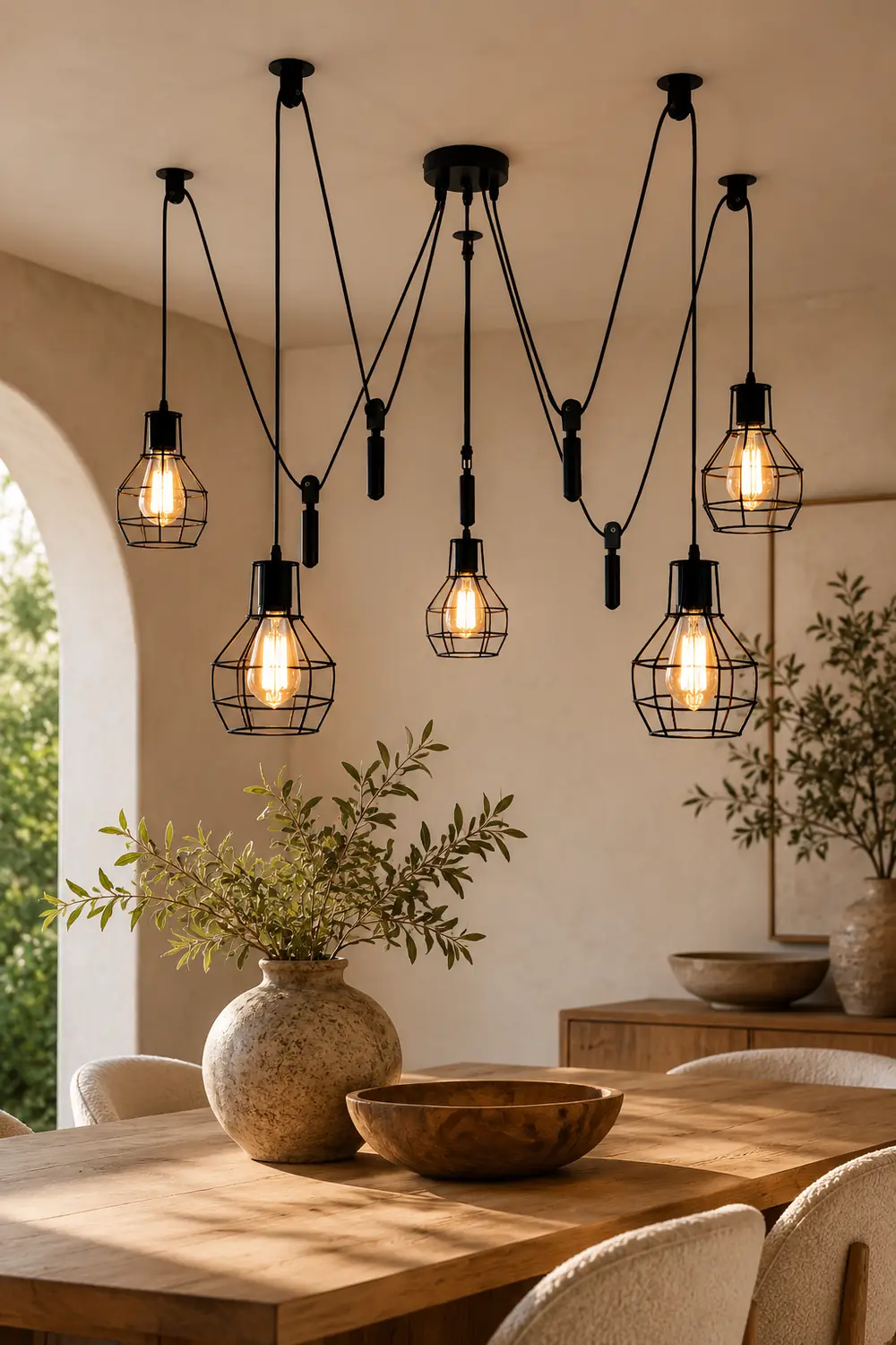 Alessio Industrial Caged Metal Pendant Light, 5/8 Heads, Black - Lumpaz