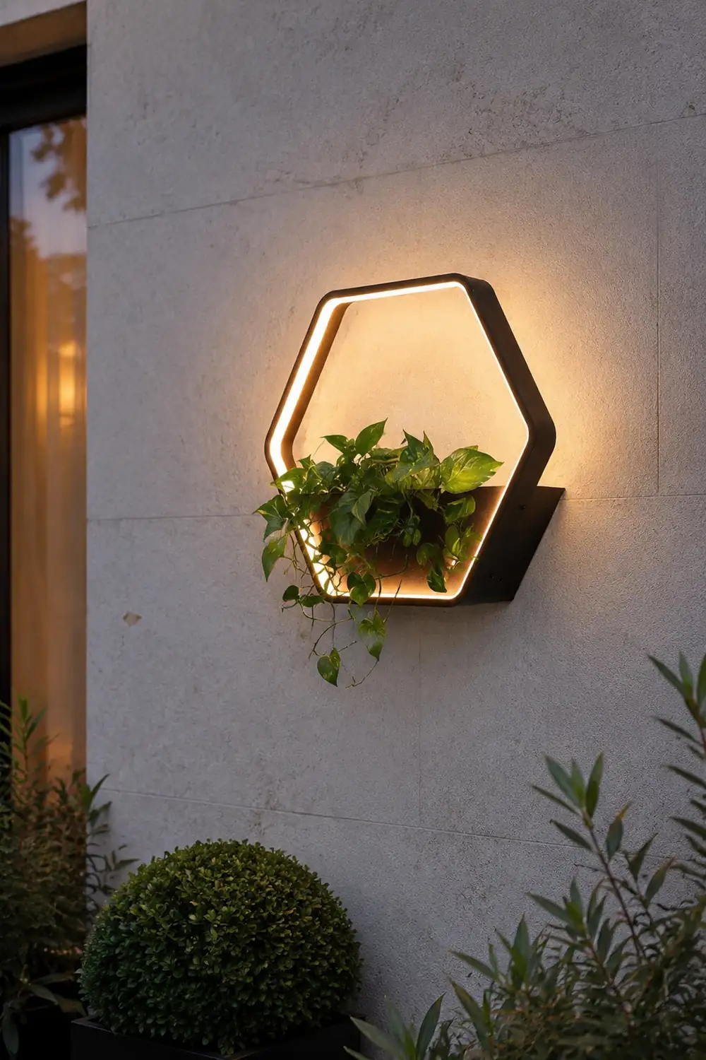 Orr Minimalist Hexagonal Ring With Shelf Metal Outdoor Wall Lamp, Black - Lumpaz