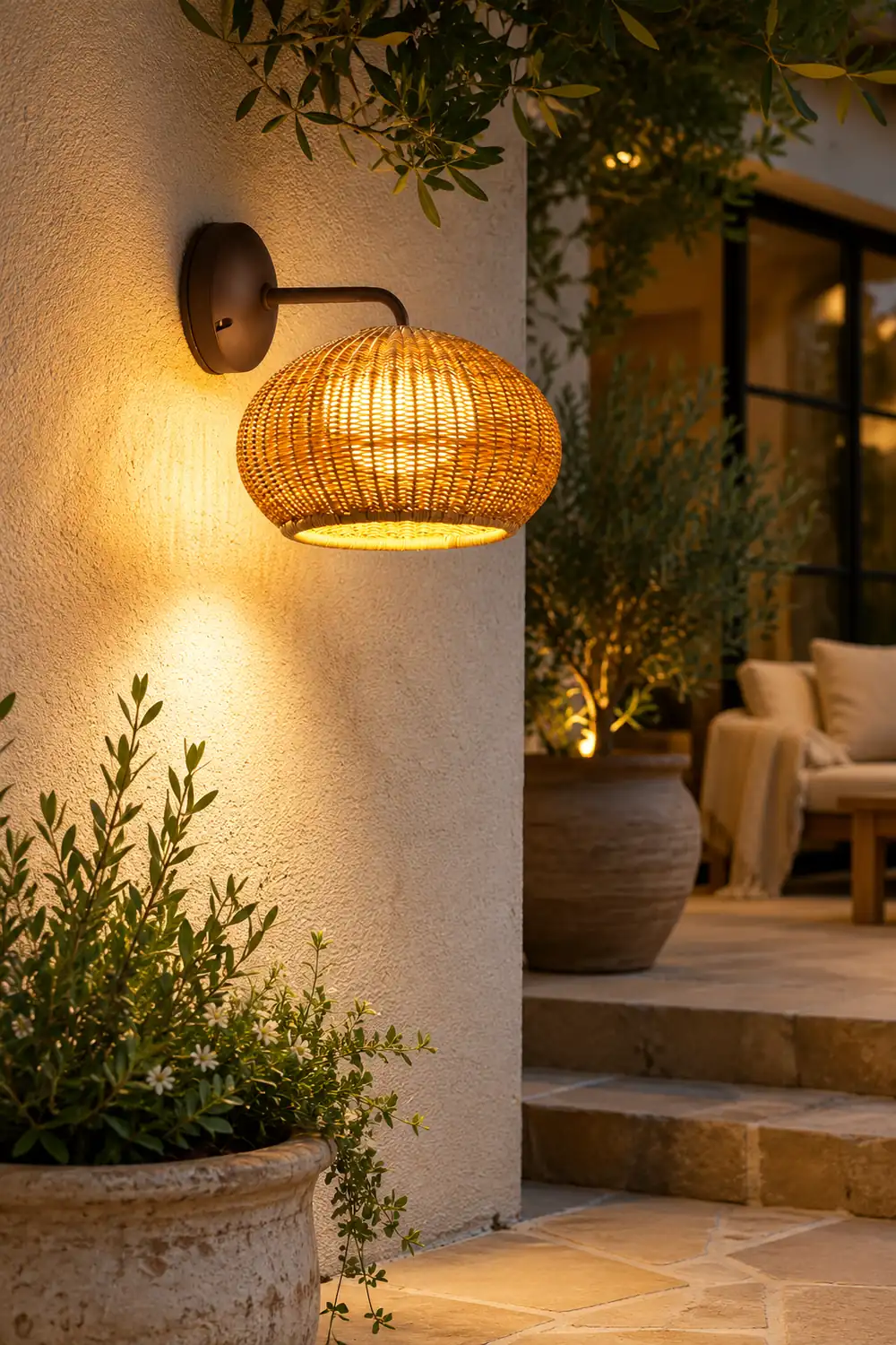 Ritta Farmhouse Metal/Rattan Outdoor Wall Lamp, Log Color - Lumpaz