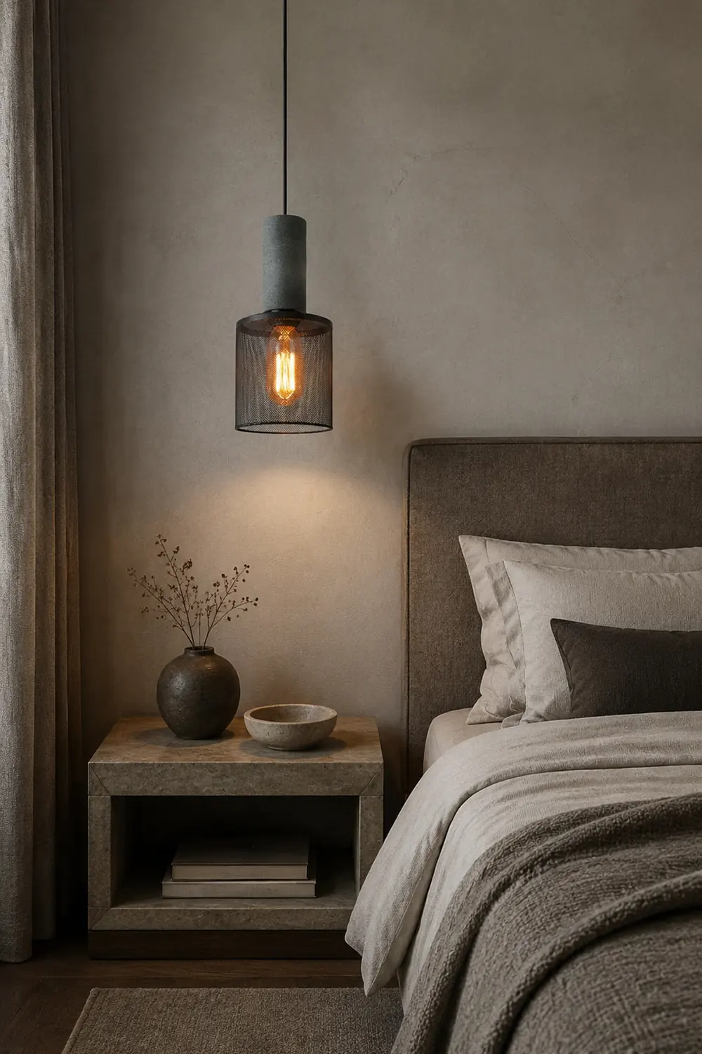 Zaid Industrial Cylindrical Pendant Light, Cement/Metal, Wabi-Sabi - Lumpaz