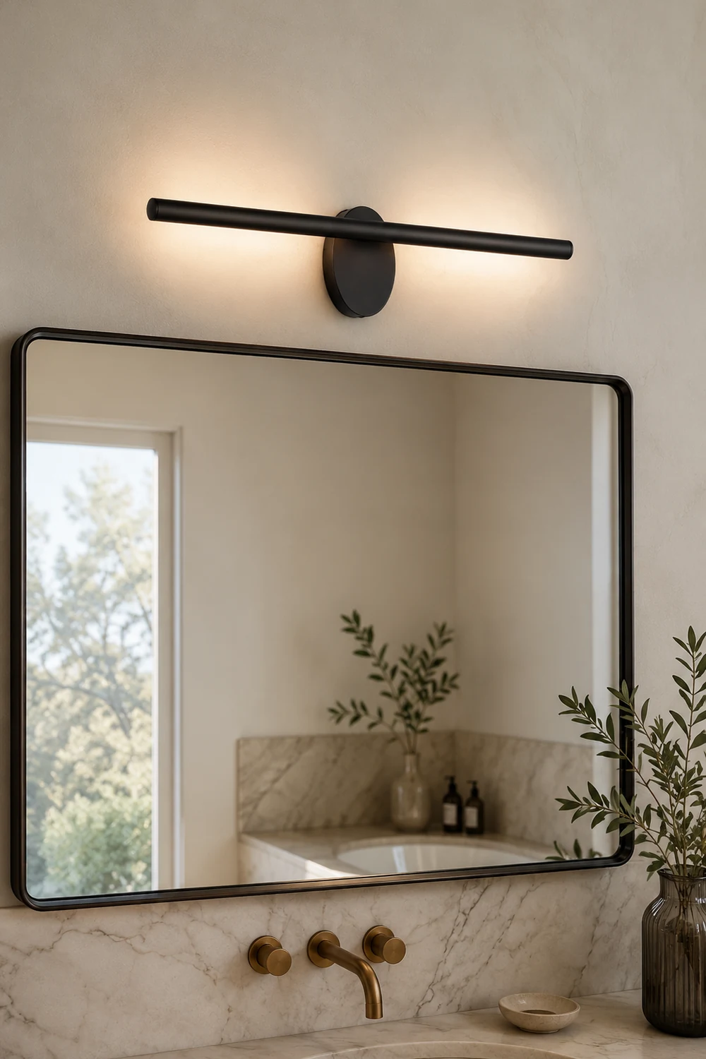 Edge Minimalist Linear Metal Wall Lamp, Black, Bathroom, Front Mirror - Lumpaz