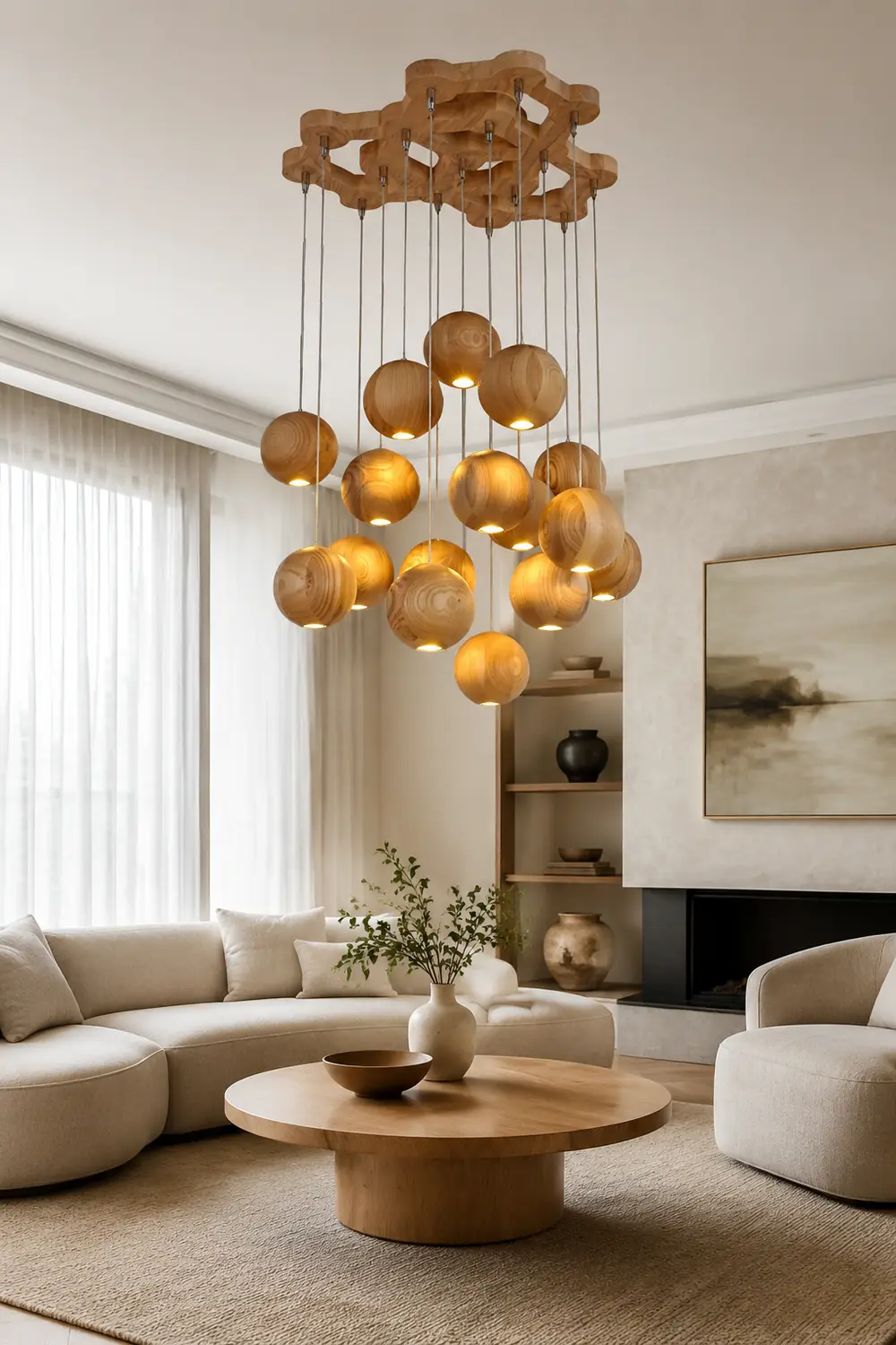 Ozawa Pendant Light Globe Minimalist, Cluster Wood, log color, Kitchen Island - Lumpaz