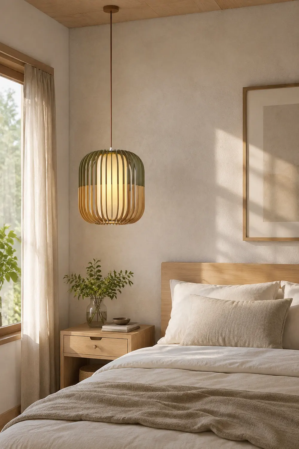 Ozawa Modern Birdcage Wood/Fabric Pendant Light - Lumpaz