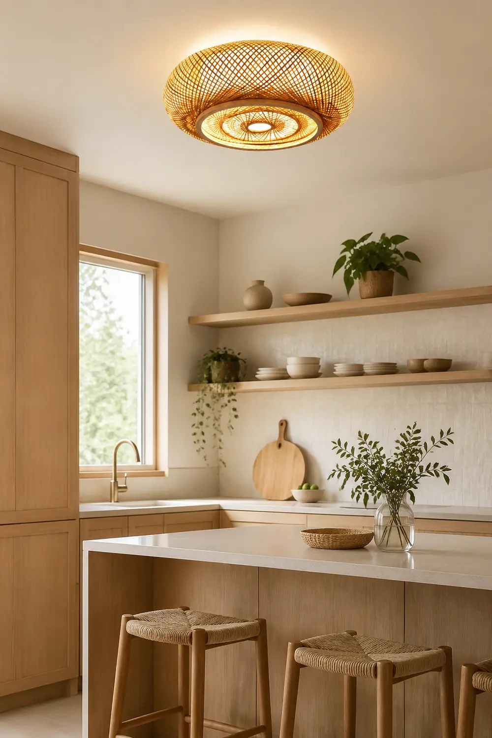 Muto Rattan Woven Rustic LED Flush Mount Ceiling Light - Lumpaz