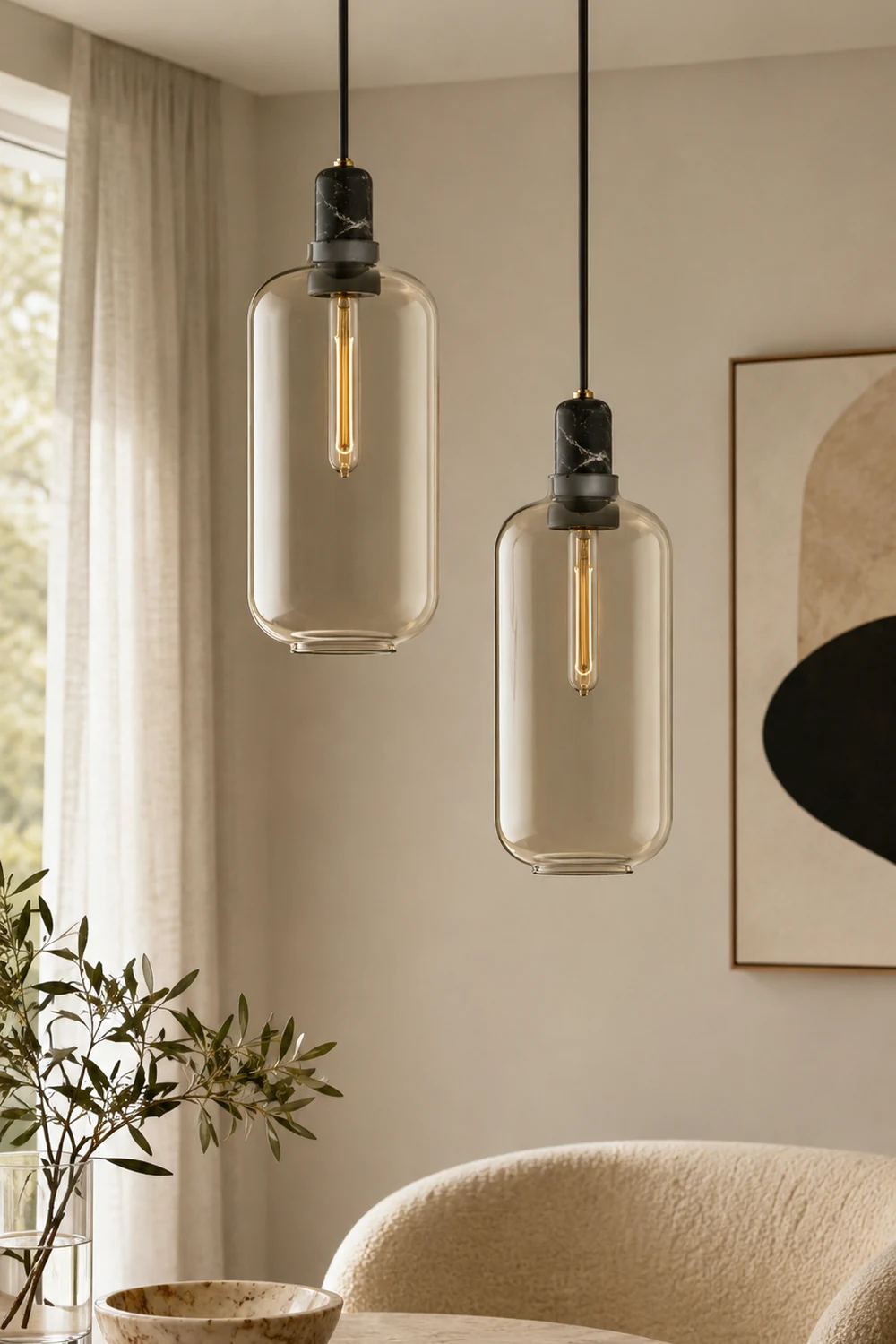 Hailie Designer Cylinder Pendant Light, Marble & Glass, 4.3"/6.7" - Lumpaz