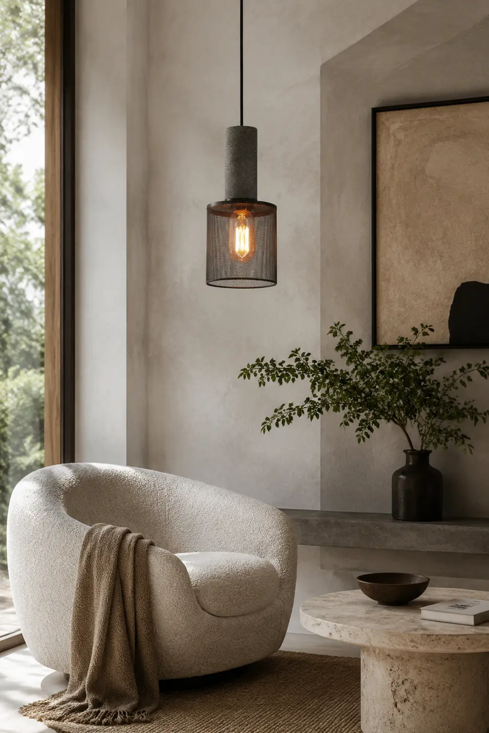 Zaid Industrial Cylindrical Pendant Light, Cement/Metal, Wabi-Sabi - Lumpaz