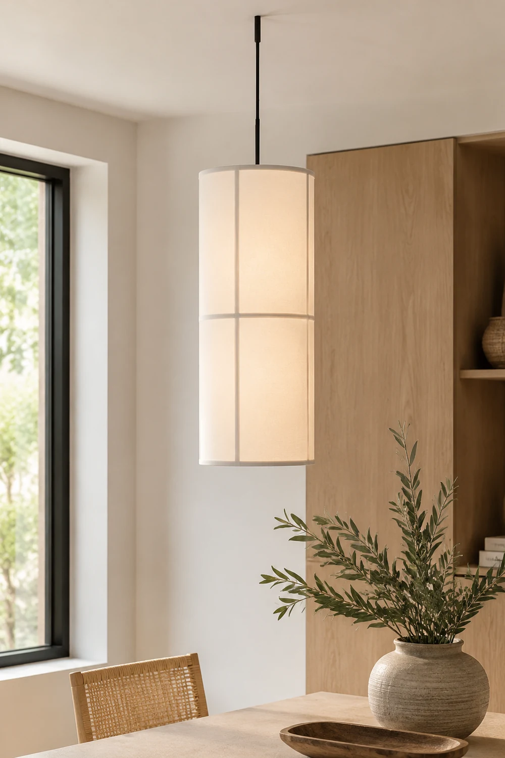 Renée Cylinder Pendant Light, Lantern, Fabric, Japanese - Lumpaz
