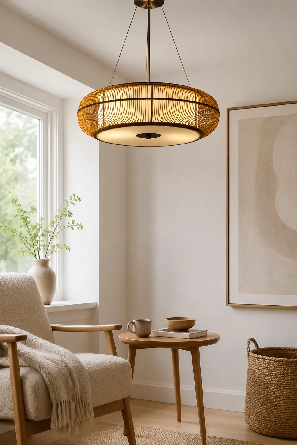 Ozawa Natural Basket Weave Wood/ Metal Pendant Light - Lumpaz