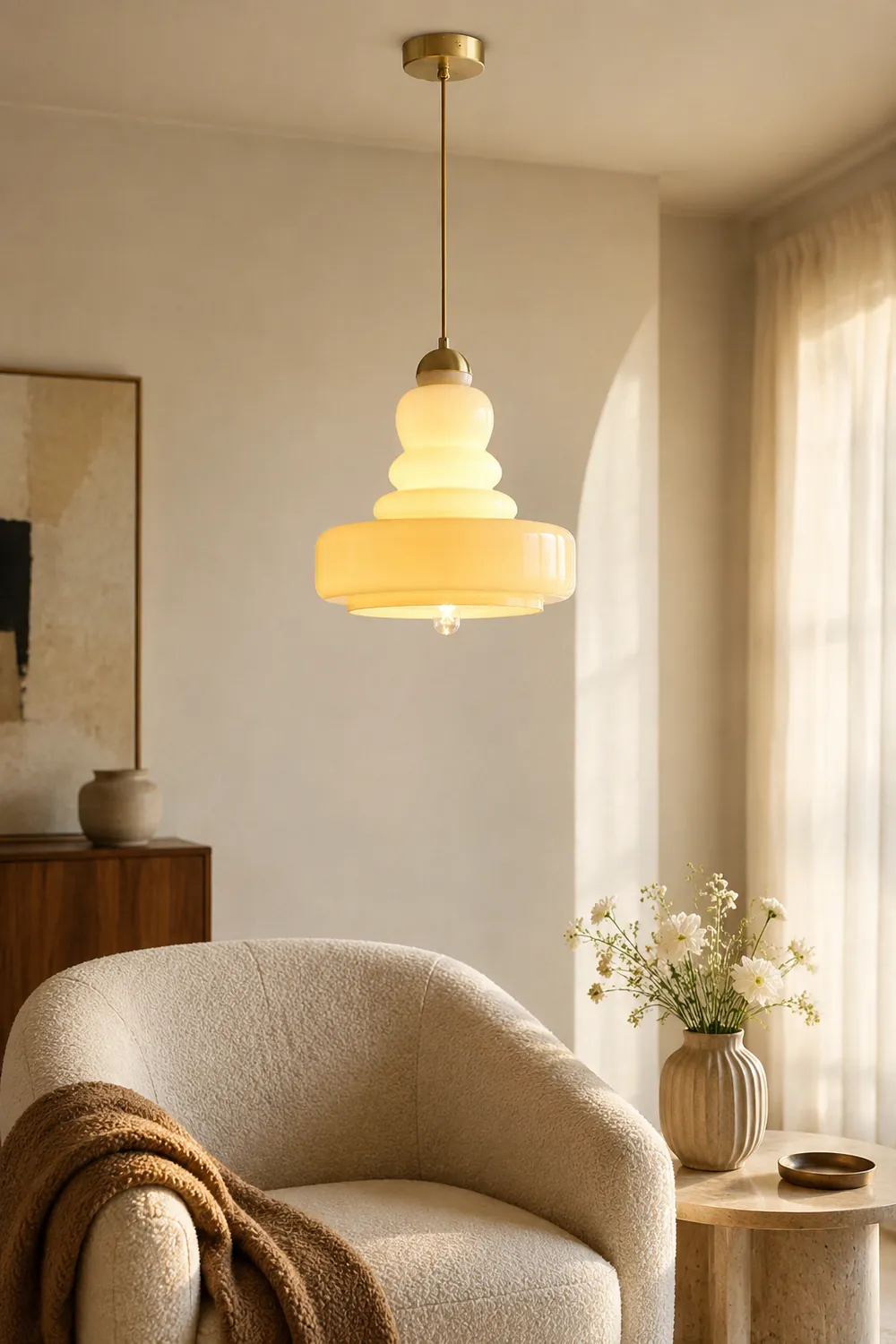 Morandi French Modern Kitchen Pendant Light Beige Glass/Metal Living Room - Lumpaz