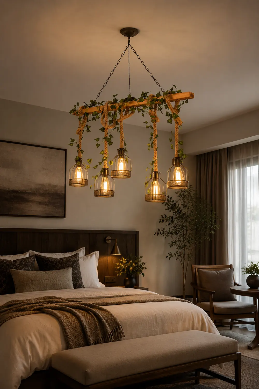 Alessio Caged Vintage Farmhouse Wood Beam Pendant Light 3/5 Heads - Lumpaz