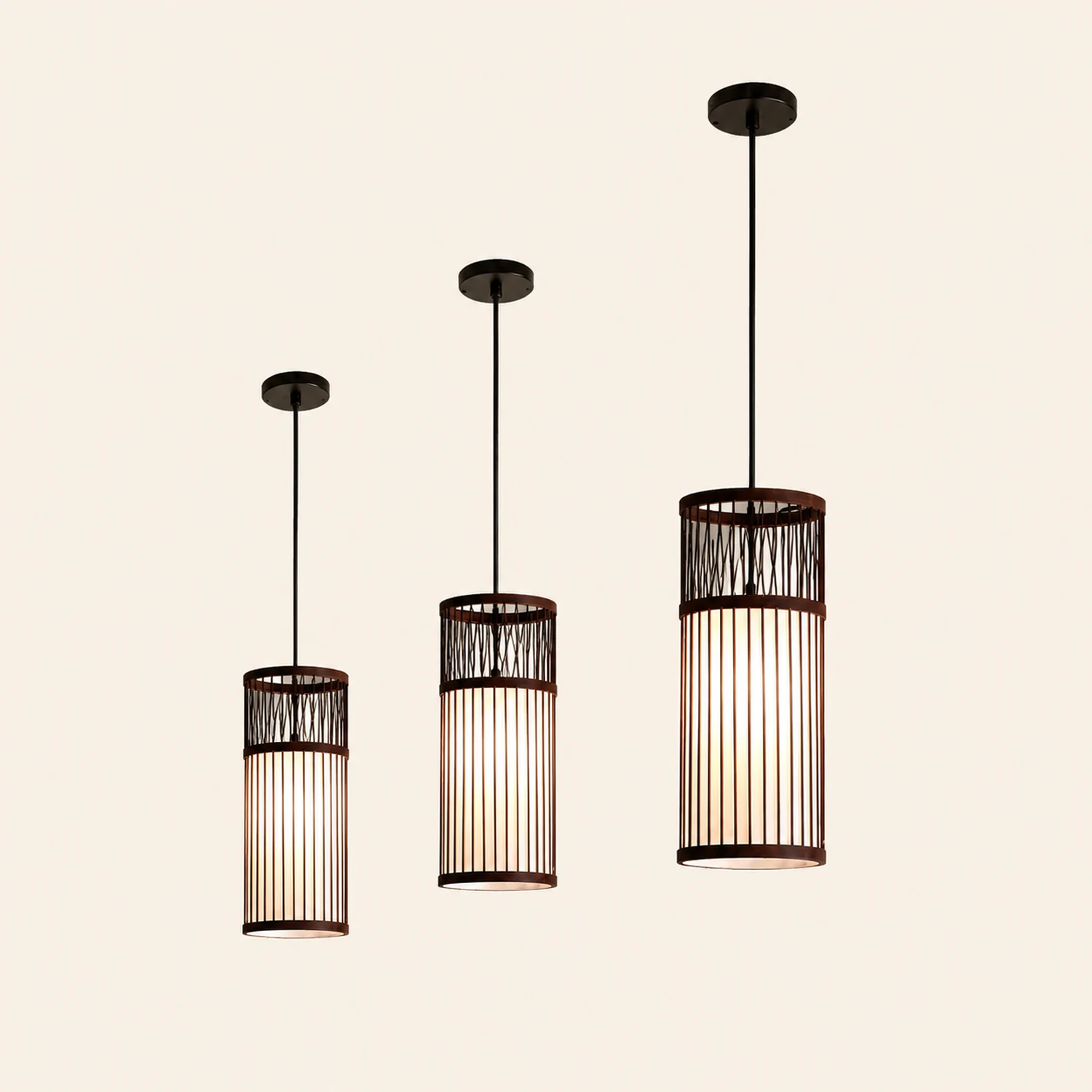 Ozawa Weave Cylinder Pendant Light, Coffee/Wood, Metal/Bamboo - Lumpaz