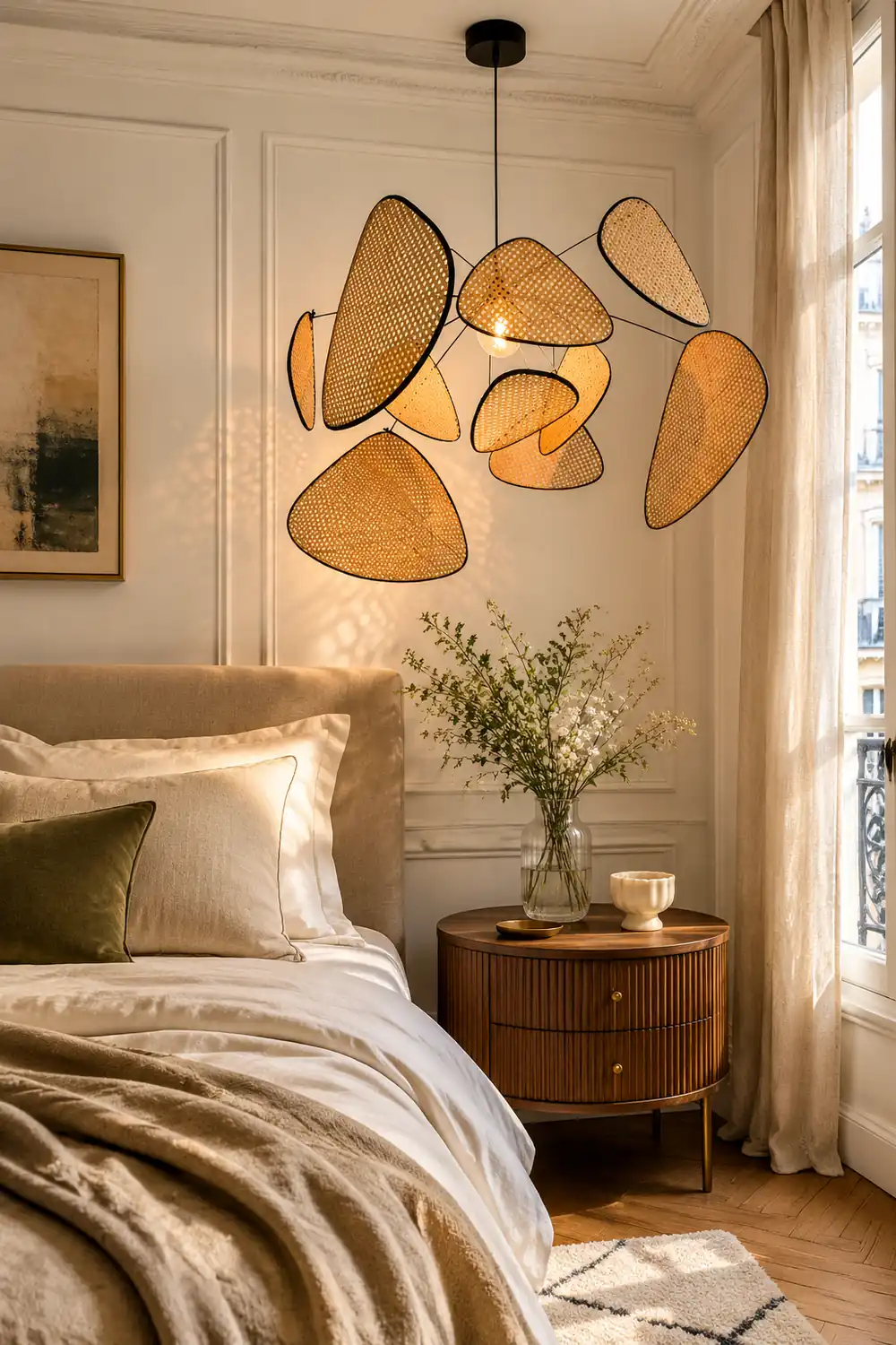Ritta Pendant Light Leaf Grid, Rattan/Metal, Bedroom - Lumpaz