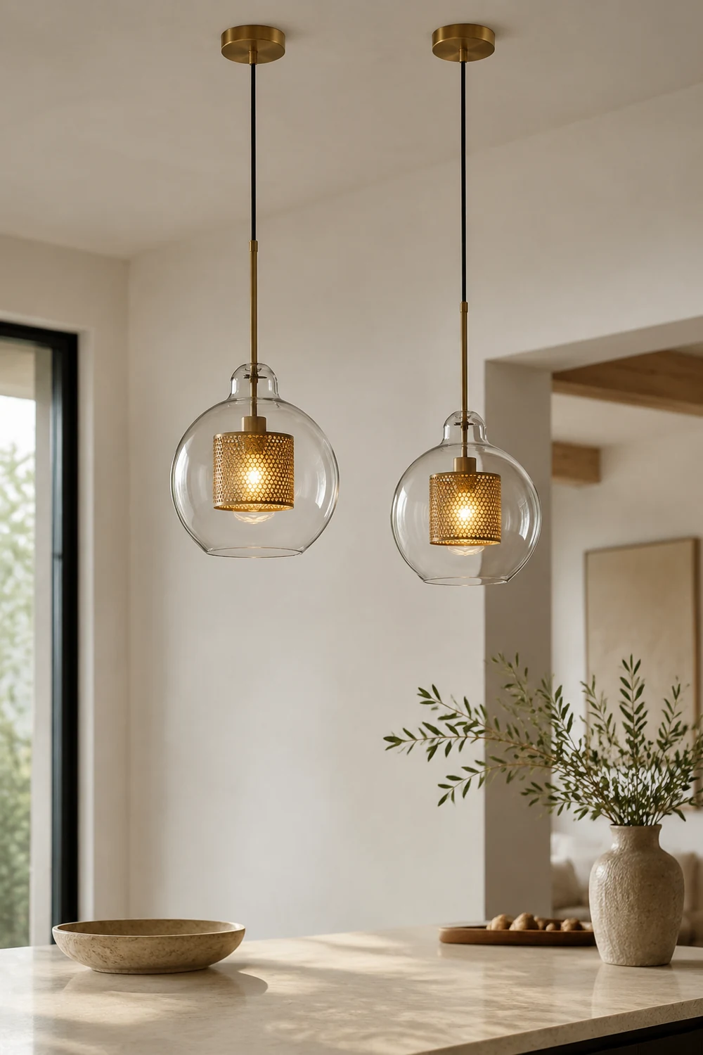 Oneal Contemporary Golden Pendant Light, Metal/Glass, Globe/Cylindric - Lumpaz