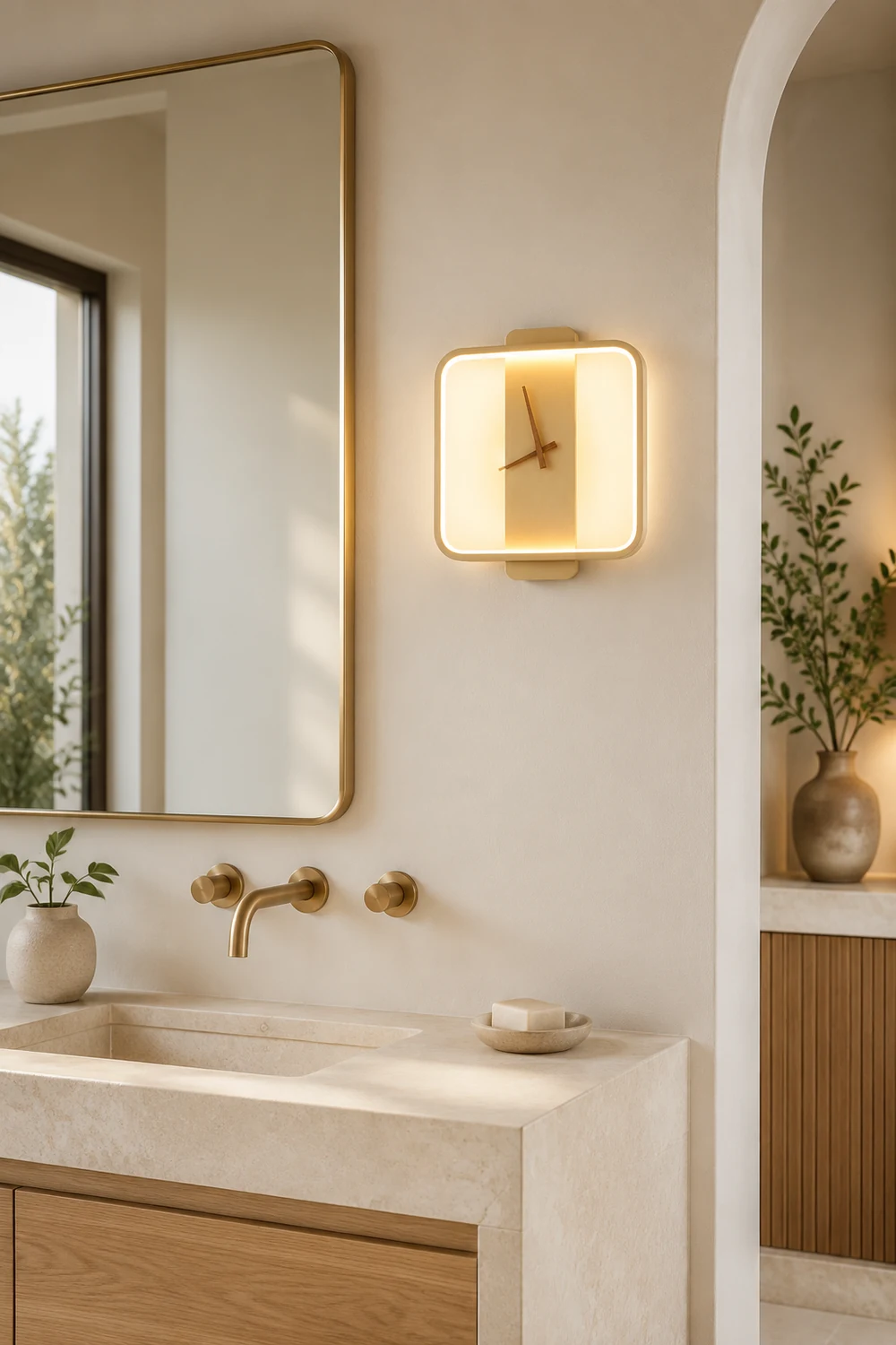 Morandi Nielsen Square Clock Metal & Acrylic Wall Lamp, Gold - Lumpaz