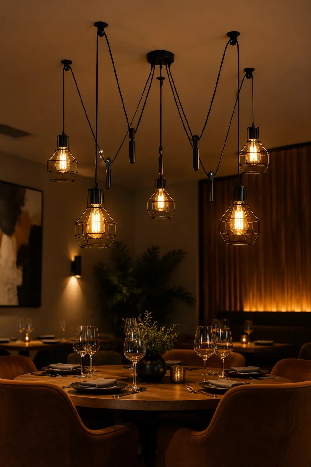 Alessio Industrial Caged Metal Pendant Light, 5/8 Heads, Black - Lumpaz