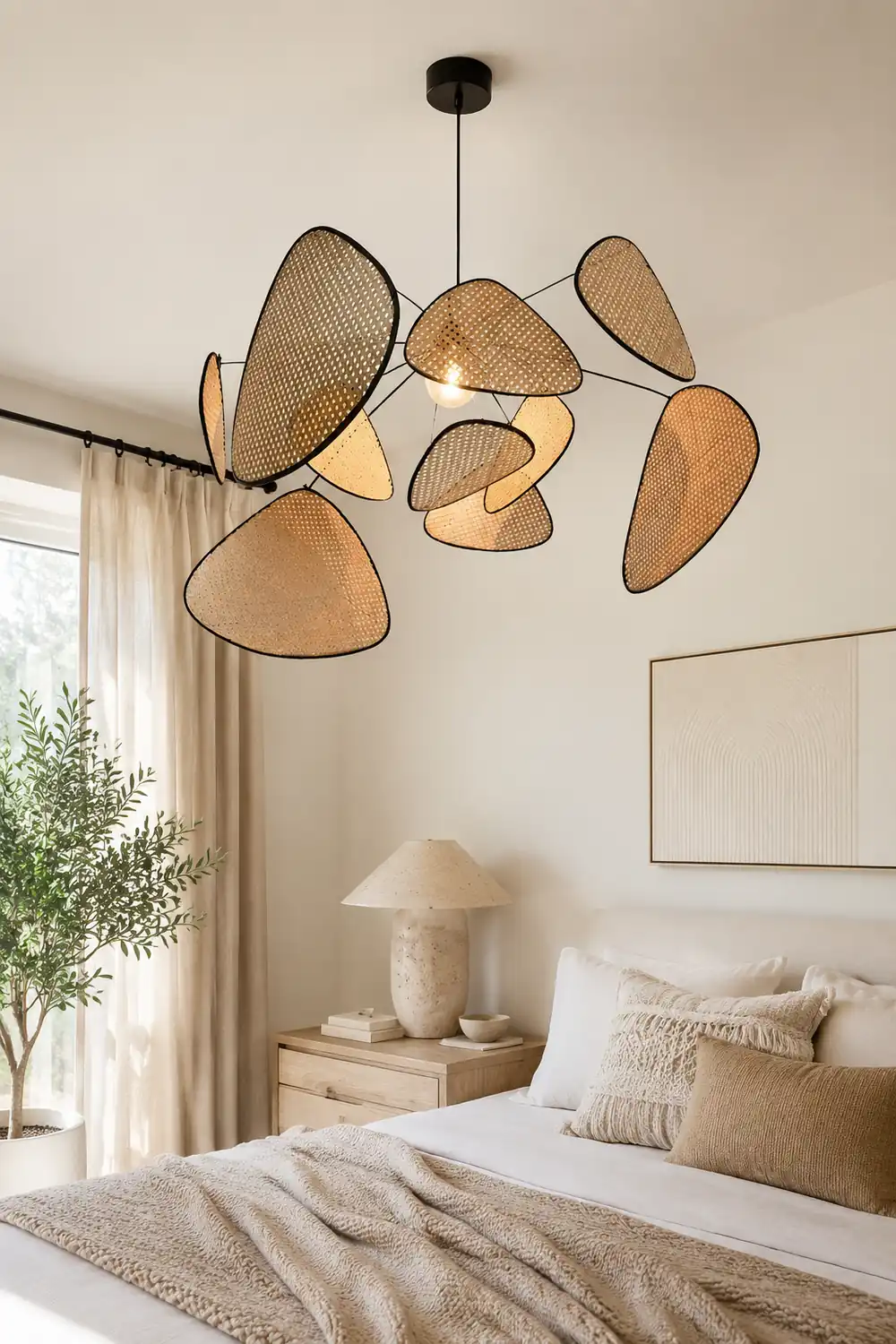 Ritta Pendant Light Leaf Grid, Rattan/Metal, Bedroom - Lumpaz
