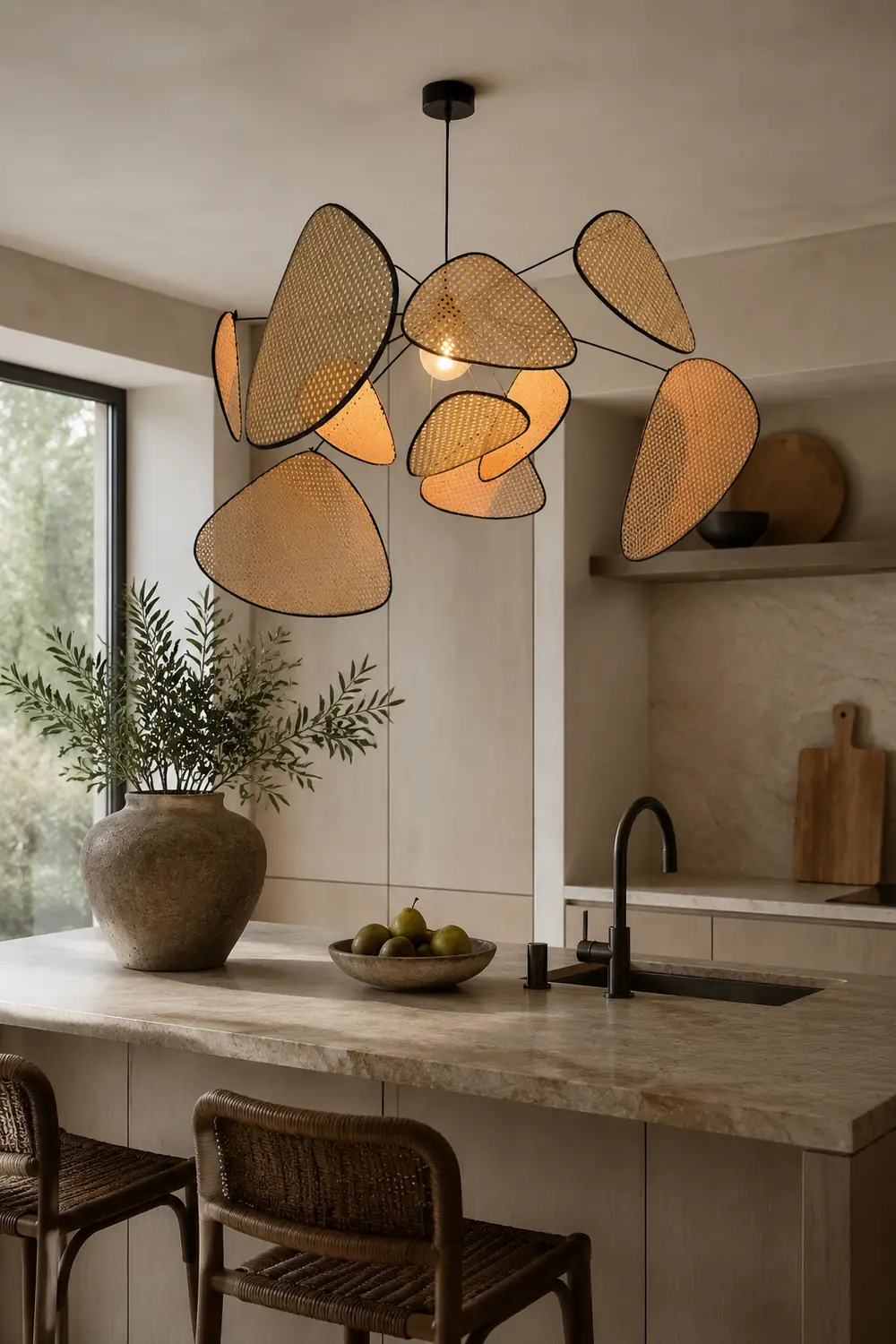 Ritta Pendant Light Leaf Grid, Rattan/Metal, Bedroom - Lumpaz