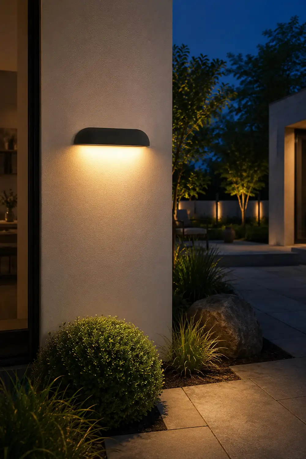 Orr Modern Minimalist Semi-elliptical Metal/Stone Outdoor Wall Lamp, Black/White - Lumpaz
