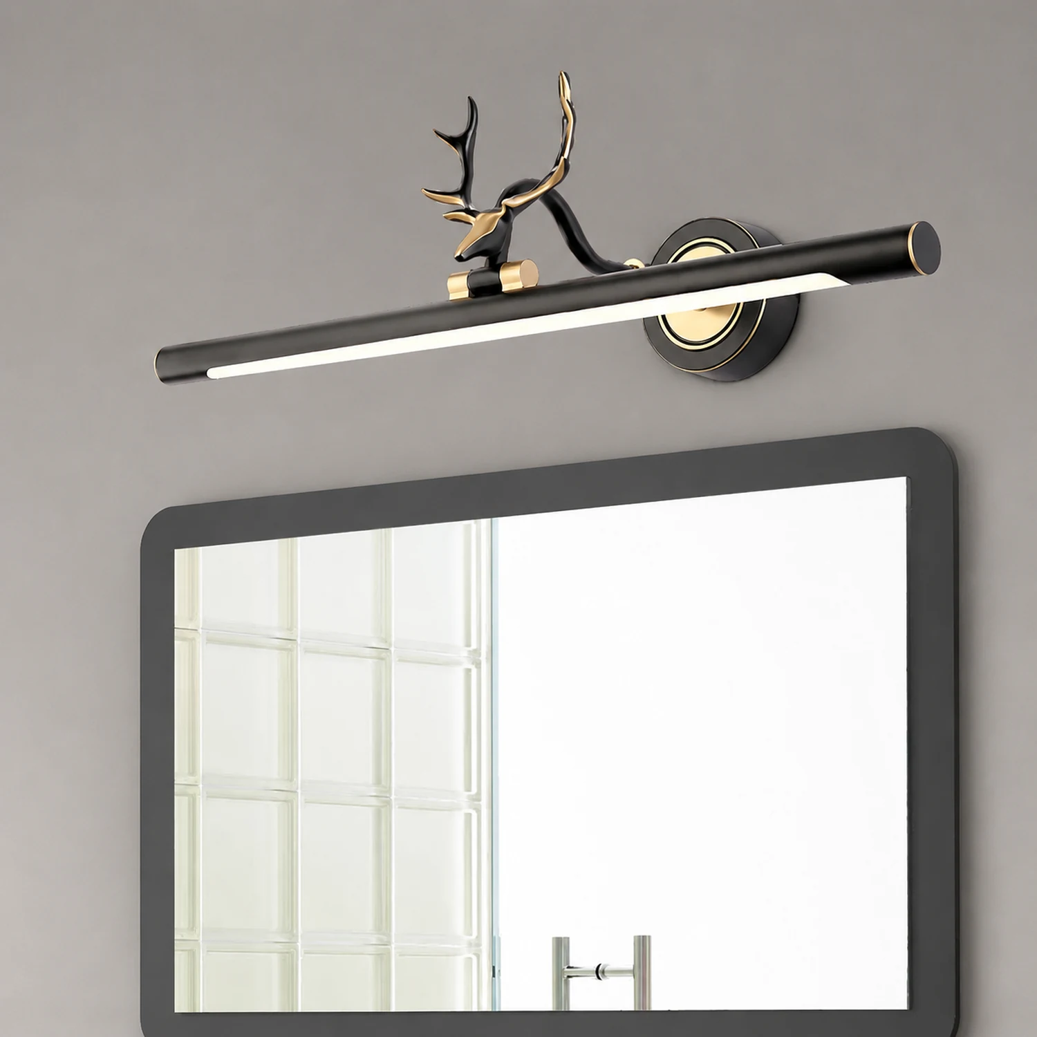 Leigh Decorative Deer Mirror Front Vanity Wall Lamp, Black/Gold - Lumpaz