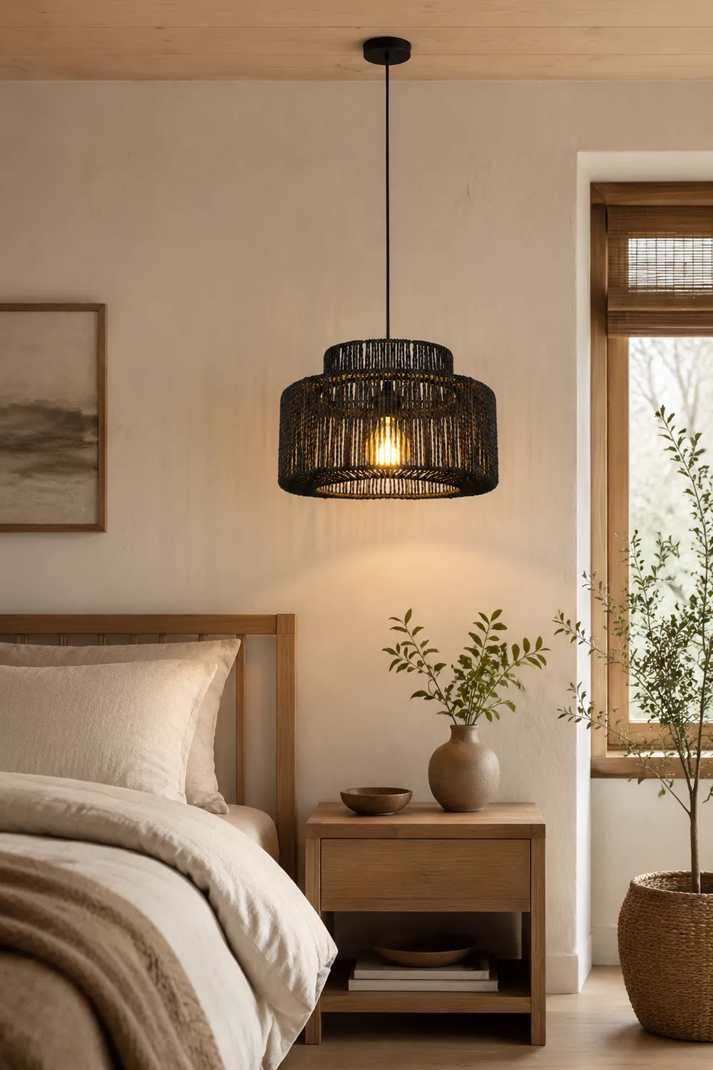 Muto Farmhouse Retro Rustic Drum Hanging Pendant Light, Black - Lumpaz