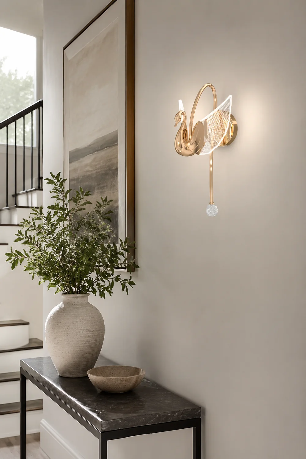 Kady Art Deco Swan Acrylic/Metal Wall Lamp, Gold/Rose Gold - Lumpaz