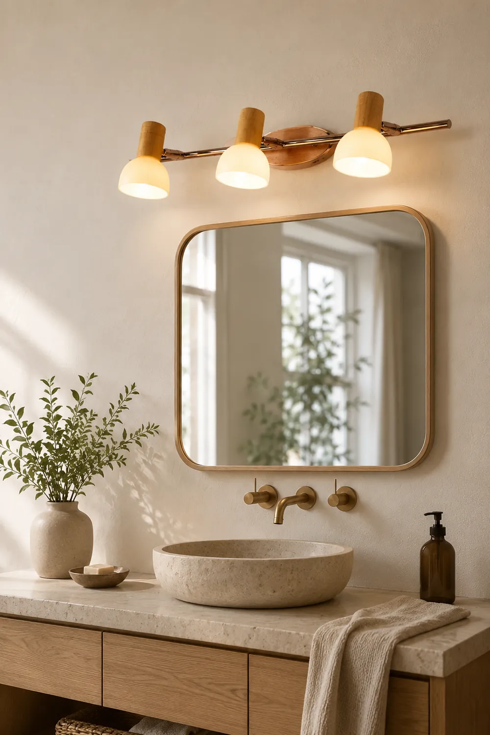 Ozawa Multi Dome Mirror Front Wooden Vanity Wall Lamp, Log Color - Lumpaz