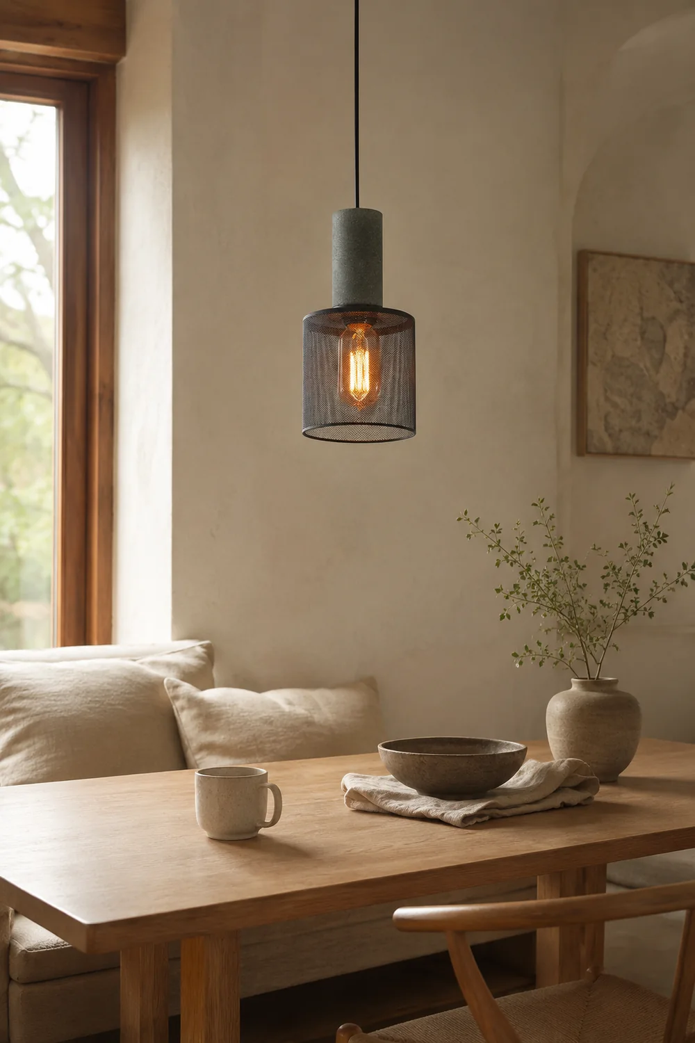 Zaid Industrial Cylindrical Pendant Light, Cement/Metal, Wabi-Sabi - Lumpaz