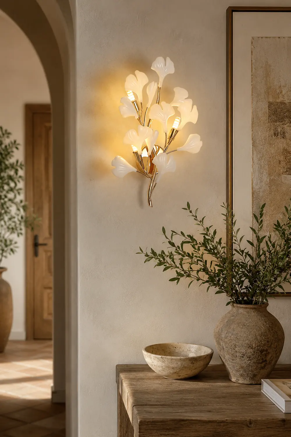 Ophelia Decorative Flower Ceramic/Metal Wall Lamp White/Gold Bedroom - Lumpaz