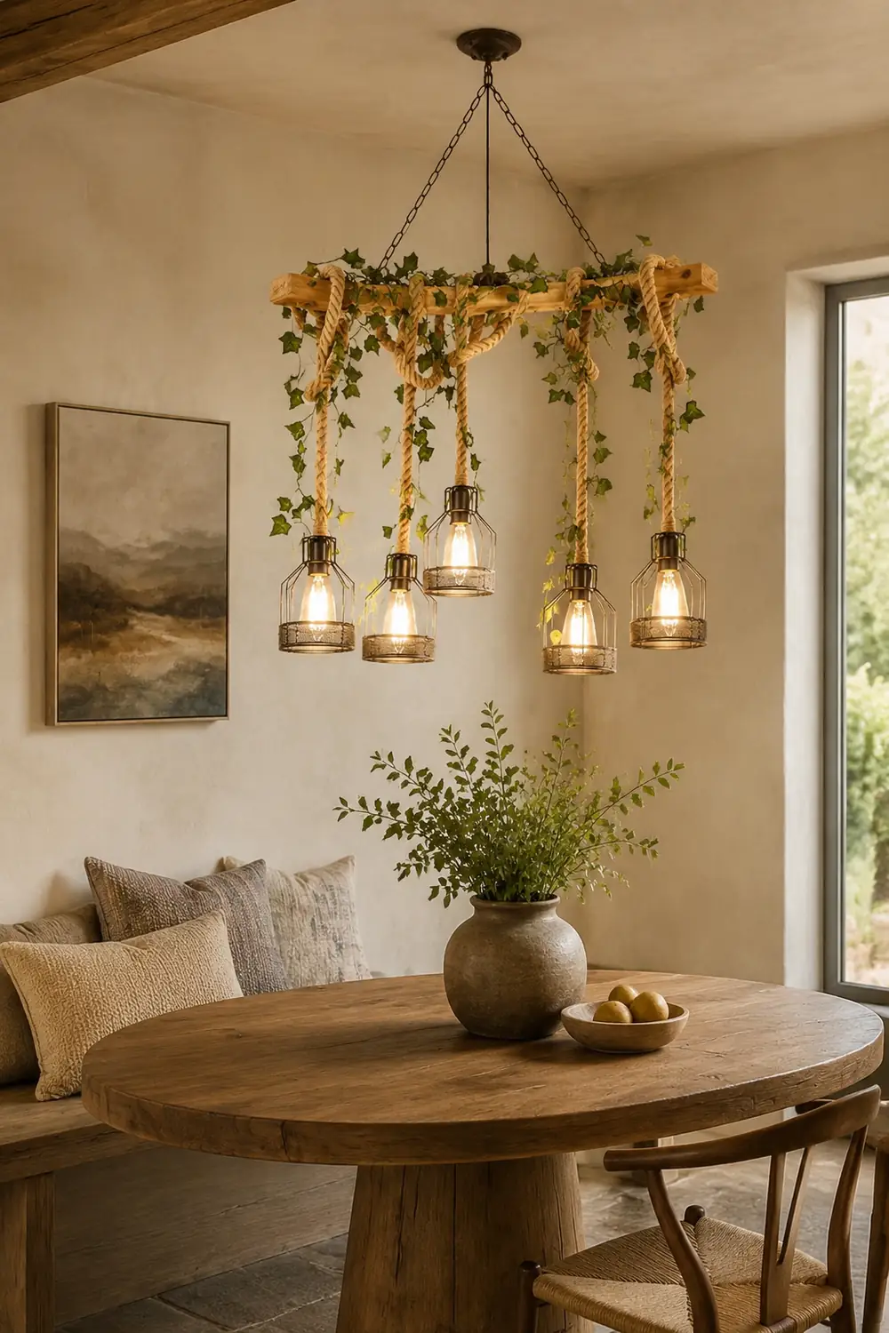 Alessio Caged Vintage Farmhouse Wood Beam Pendant Light 3/5 Heads - Lumpaz