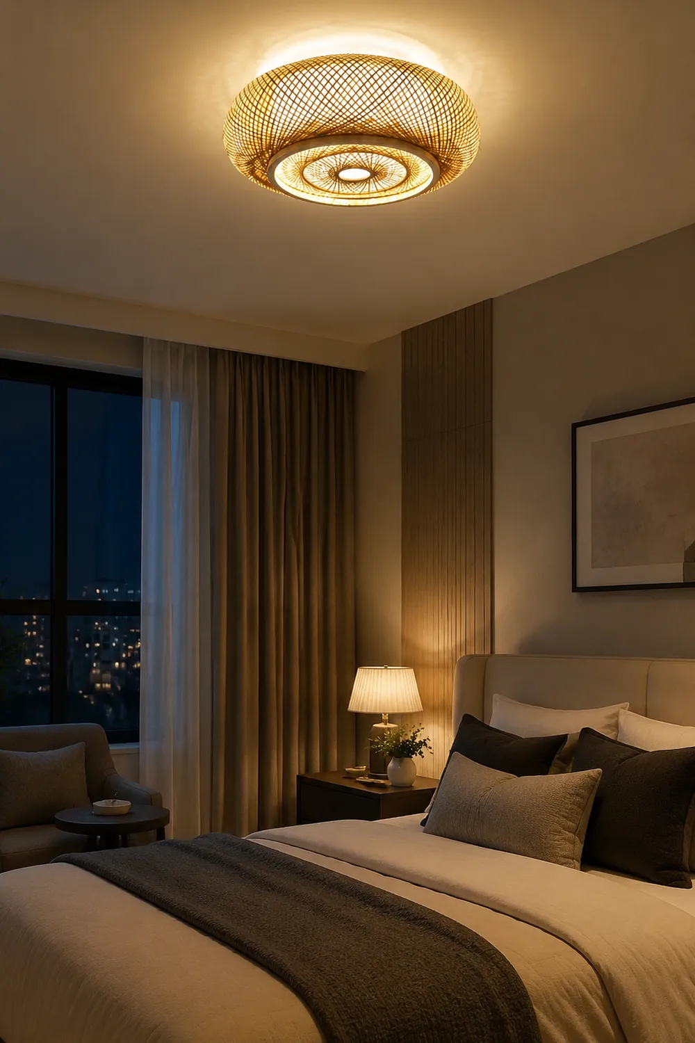 Muto Rattan Woven Rustic LED Flush Mount Ceiling Light - Lumpaz