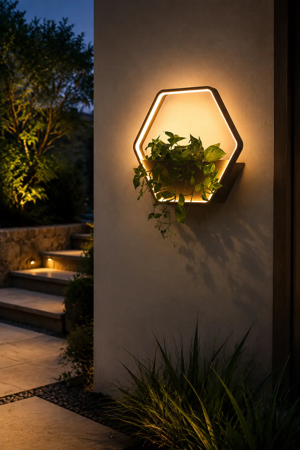 Orr Minimalist Hexagonal Ring With Shelf Metal Outdoor Wall Lamp, Black - Lumpaz