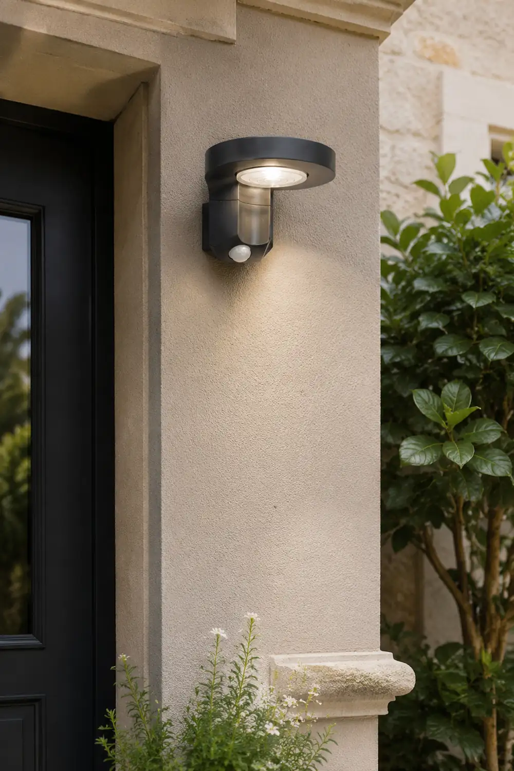 Orr Modern Round Metal/Acrylic Sensor Solar Waterproof Outdoor Wall Lamp, Black - Lumpaz
