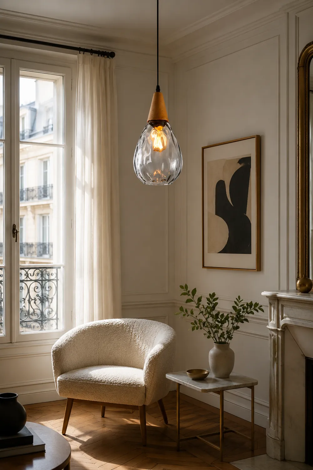 Avi Vintage Teardrop Pendant Light, Glass/Wood - Lumpaz