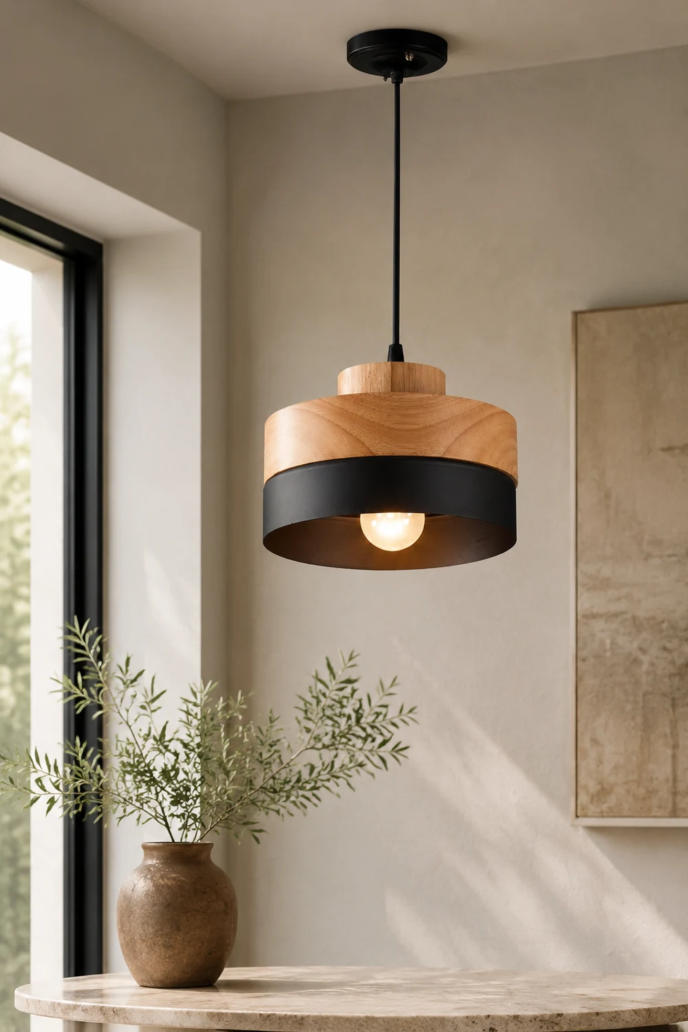 Morandi Modern Square Round Pendant Light Black White Metal Wood Living Room - Lumpaz