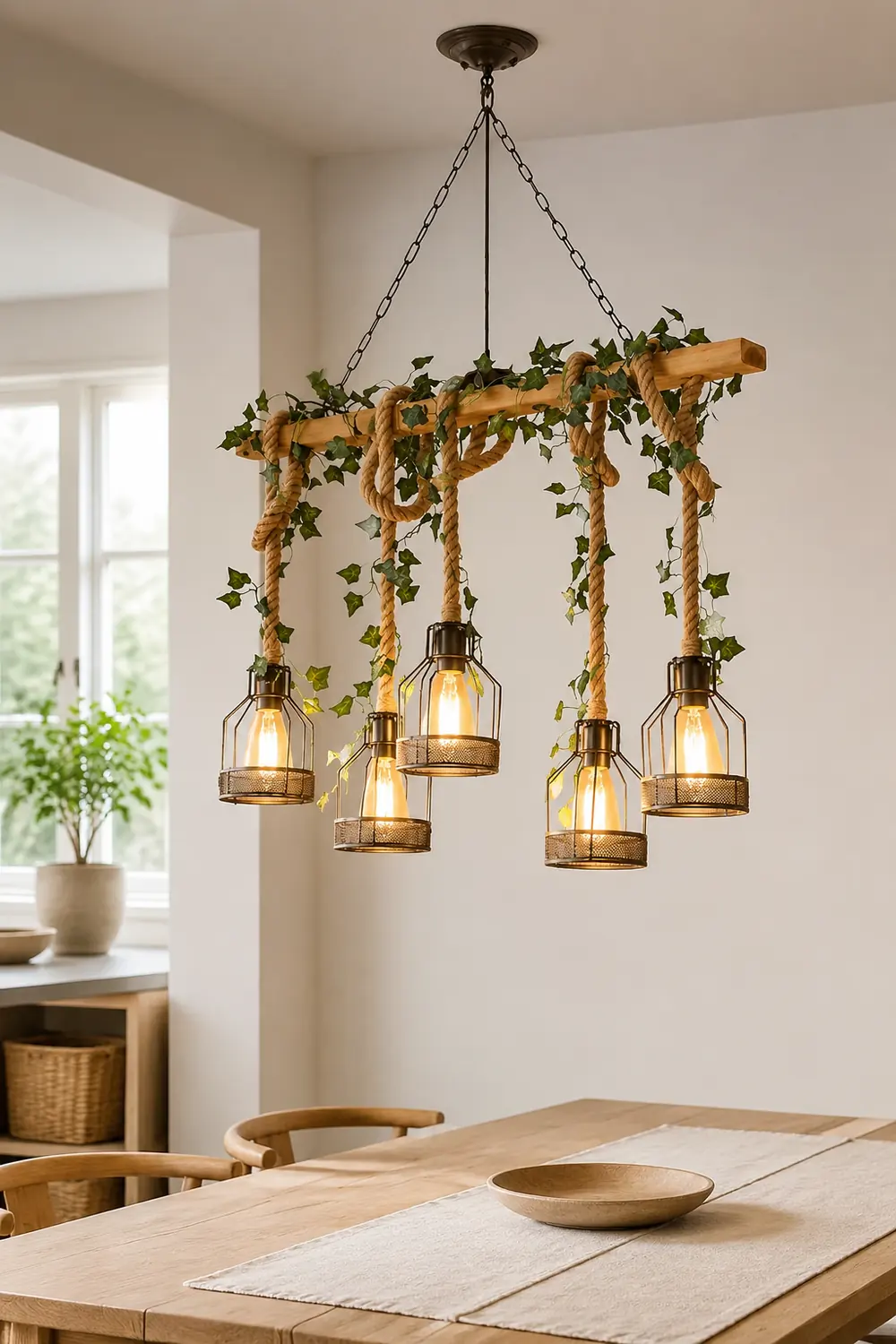 Alessio Caged Vintage Farmhouse Wood Beam Pendant Light 3/5 Heads - Lumpaz
