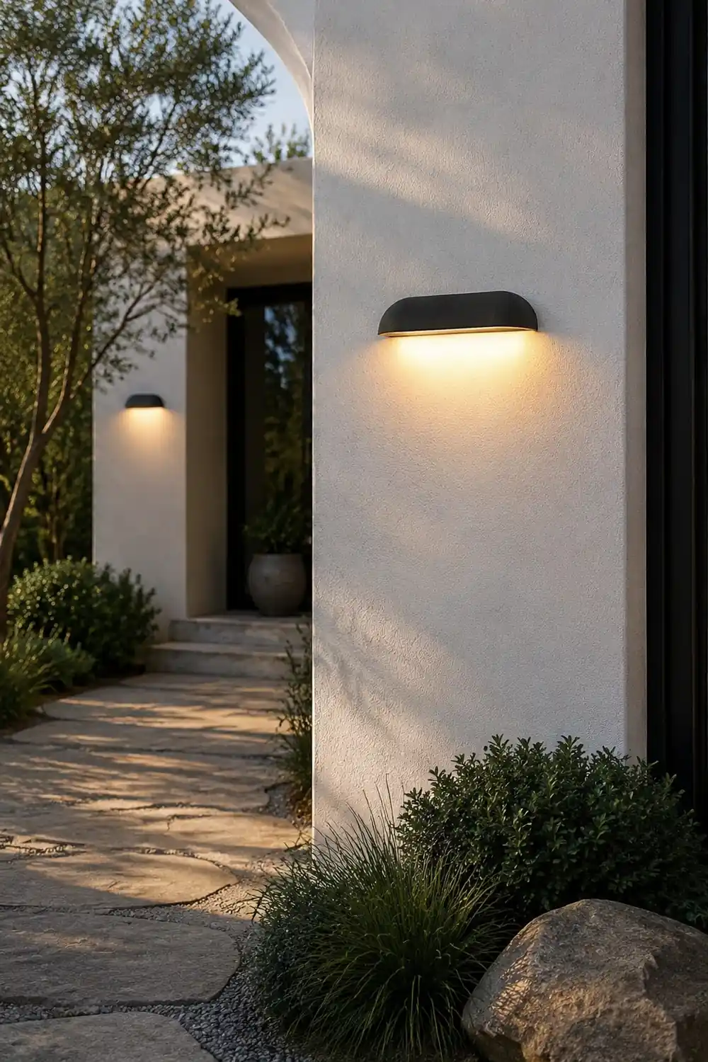 Orr Modern Minimalist Semi-elliptical Metal/Stone Outdoor Wall Lamp, Black/White - Lumpaz
