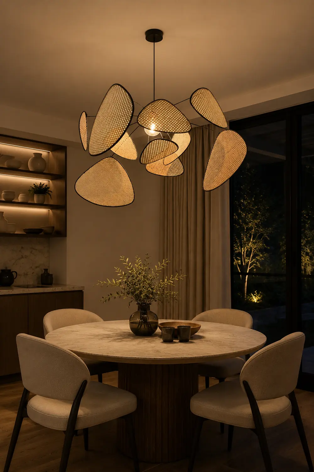 Ritta Pendant Light Leaf Grid, Rattan/Metal, Bedroom - Lumpaz