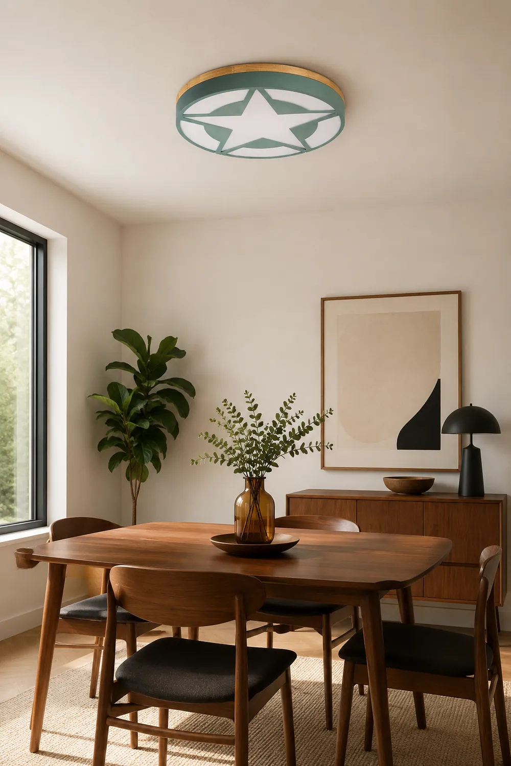 Quinn Modern Round Star Acrylic/Wood Flush Mount Ceiling Light, White/Green/Gray - Lumpaz