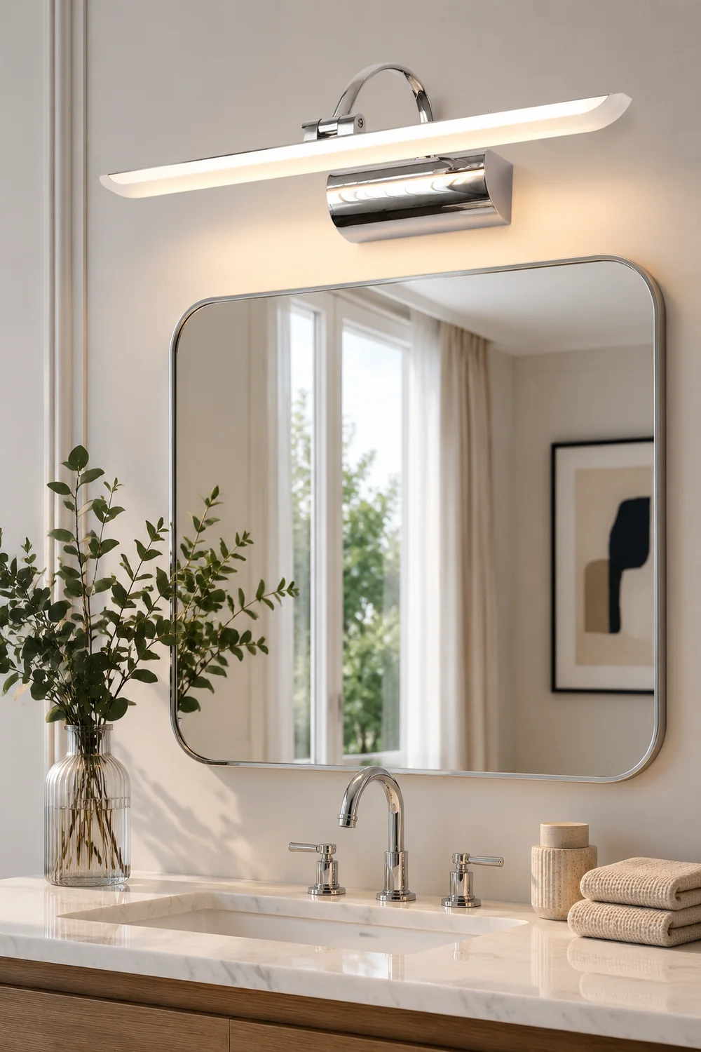 Leigh Modern Arc Metal/Acrylic Wall Lamp, Silver, Front Mirror Vanity - Lumpaz