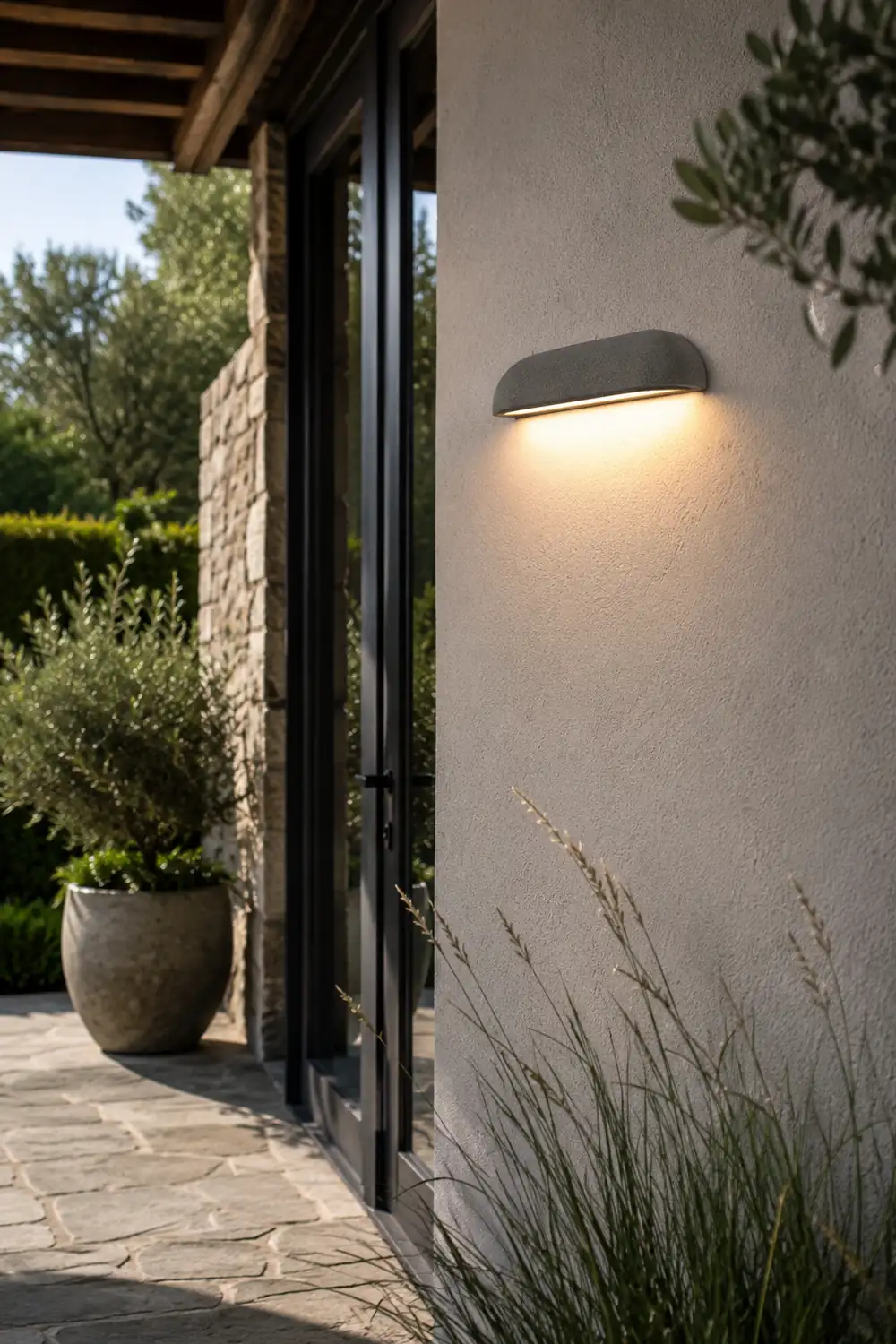 Orr Modern Minimalist Semi-elliptical Metal/Stone Outdoor Wall Lamp, Black/White - Lumpaz