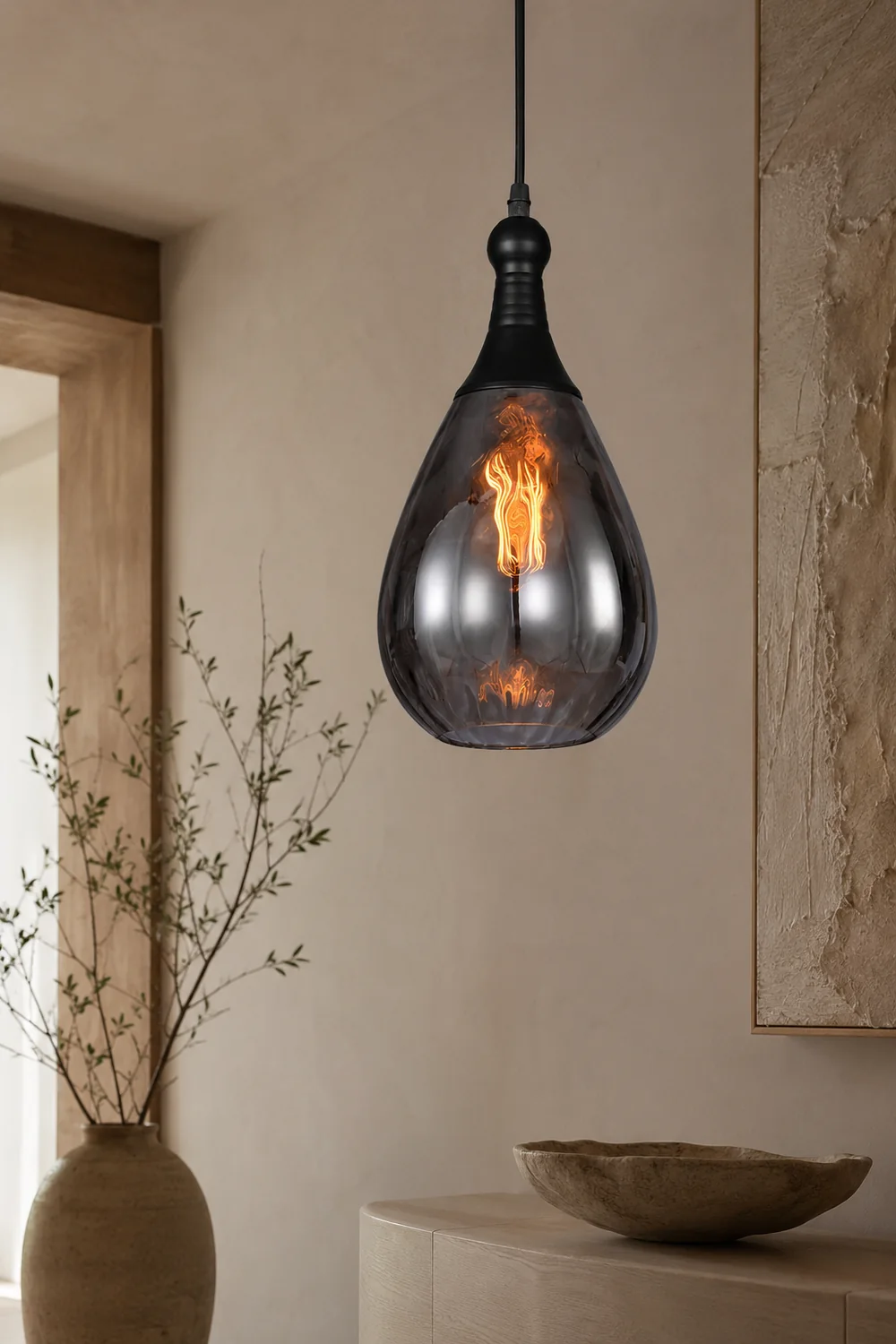 Avi Industrial Teardrop Glass Pendant Light, Black/Brass - Lumpaz