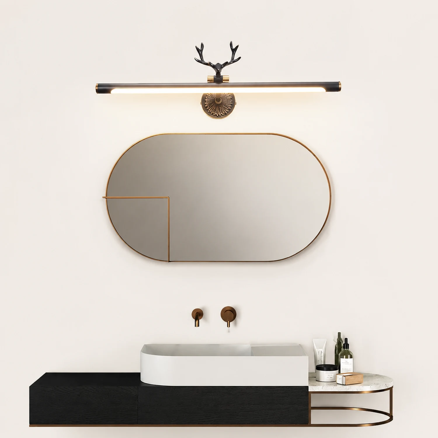 Leigh Modern Staghorn Shaped Vanity Mirror Front Wall Lamp, Black/Brass - Lumpaz