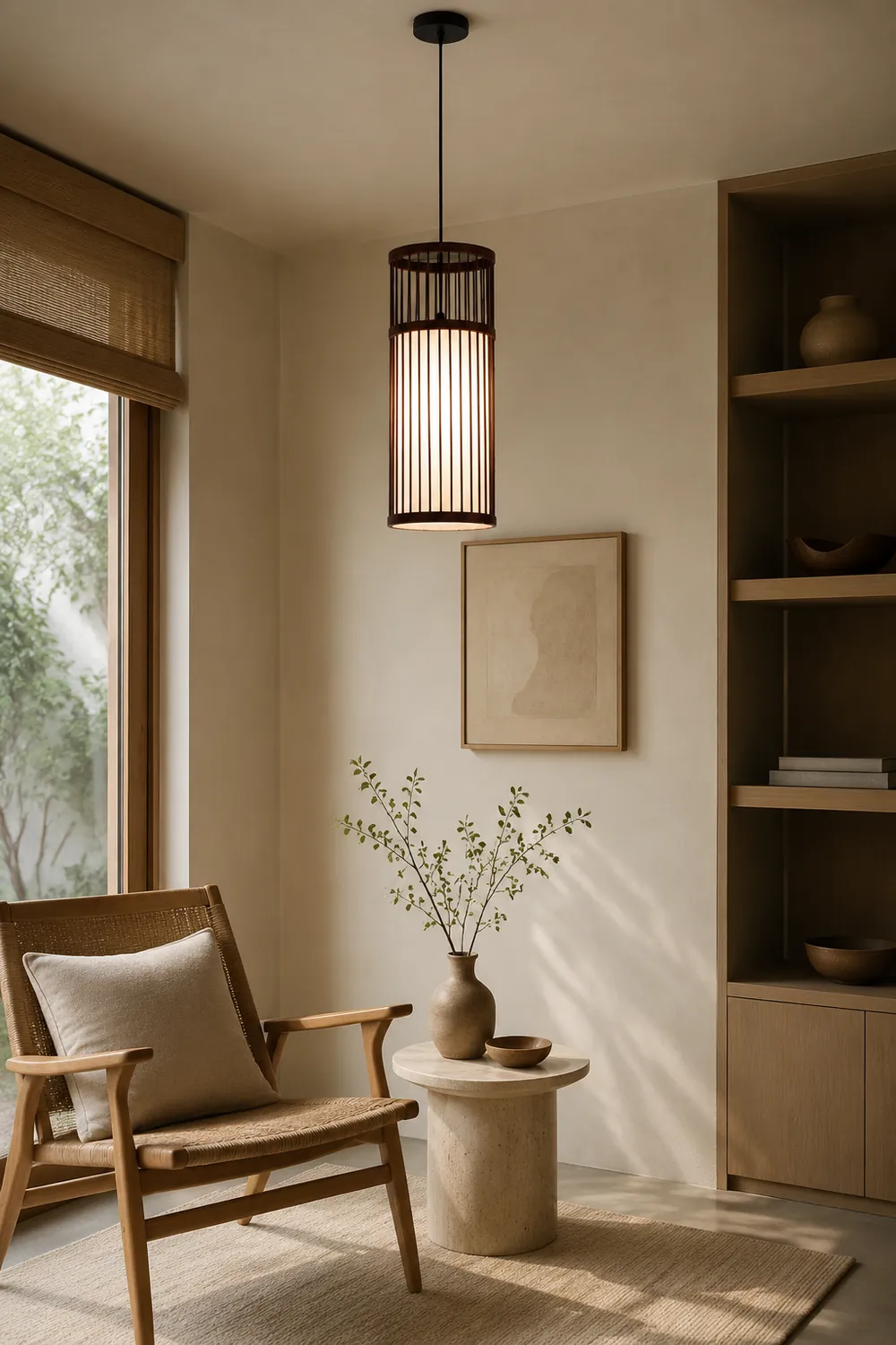 Ozawa Weave Cylinder Pendant Light, Coffee/Wood, Metal/Bamboo - Lumpaz