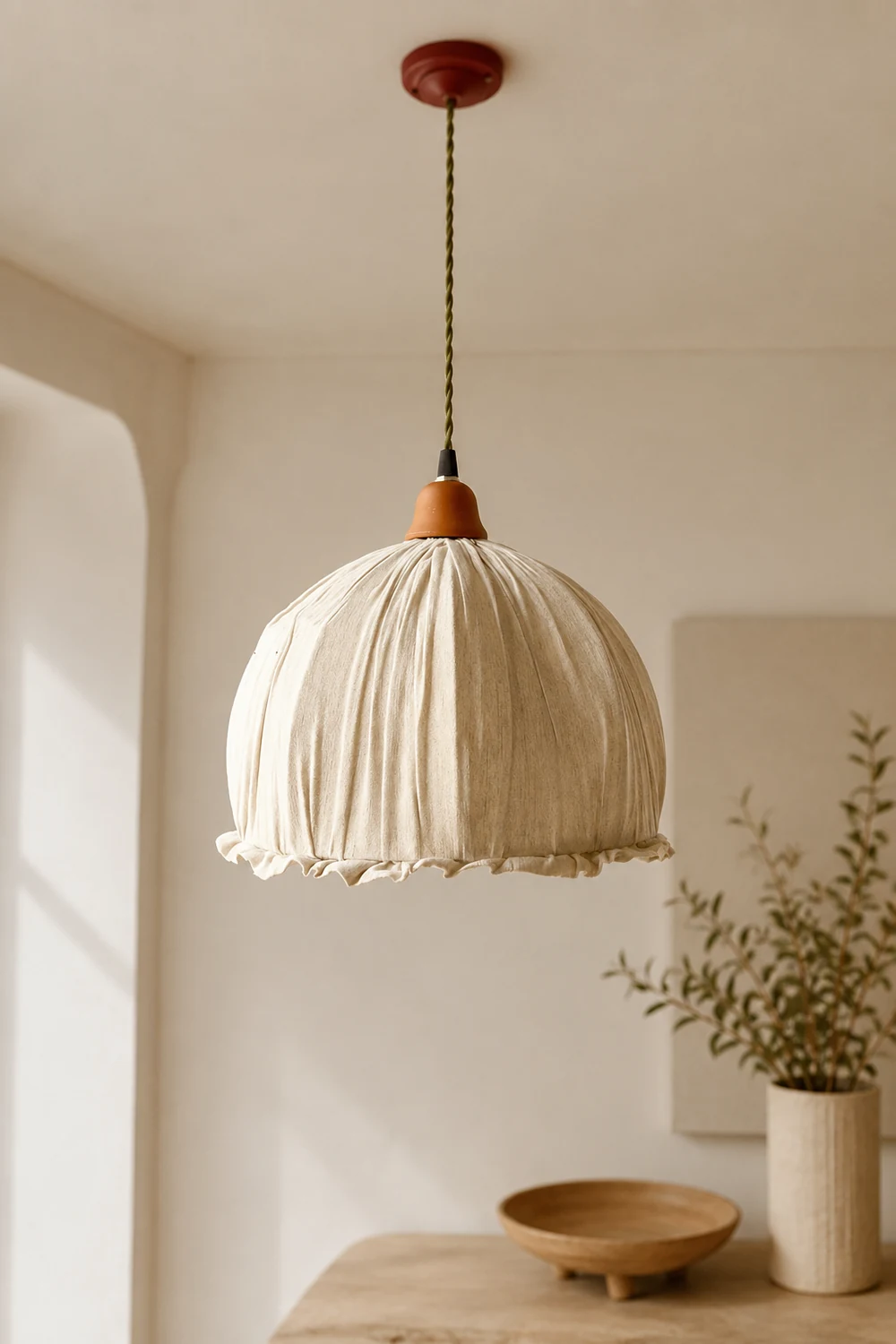 Nordic Vintage LED Pendant Light Beige Fabric Living Room - Lumpaz
