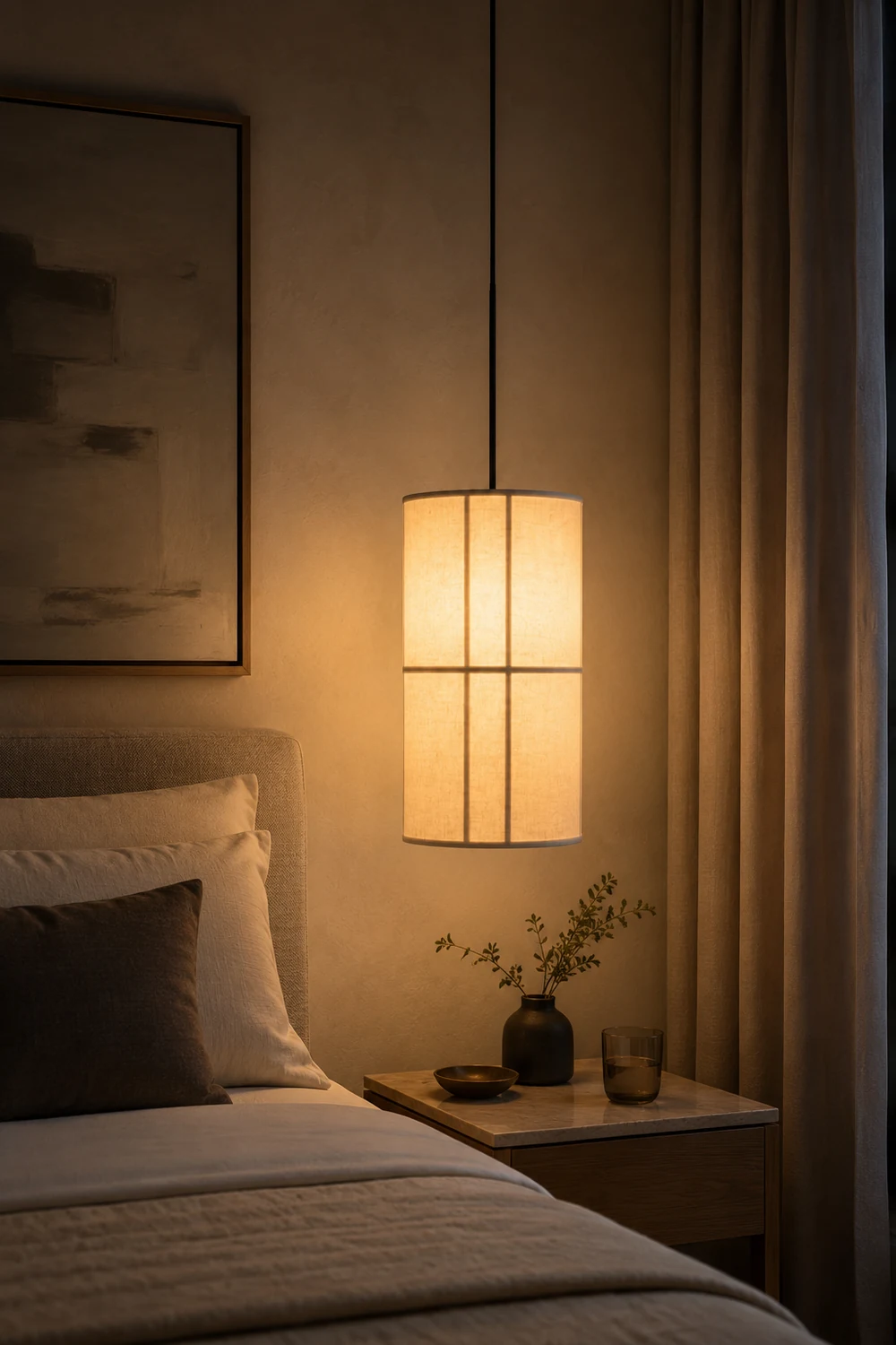 Renée Cylinder Pendant Light, Lantern, Fabric, Japanese - Lumpaz